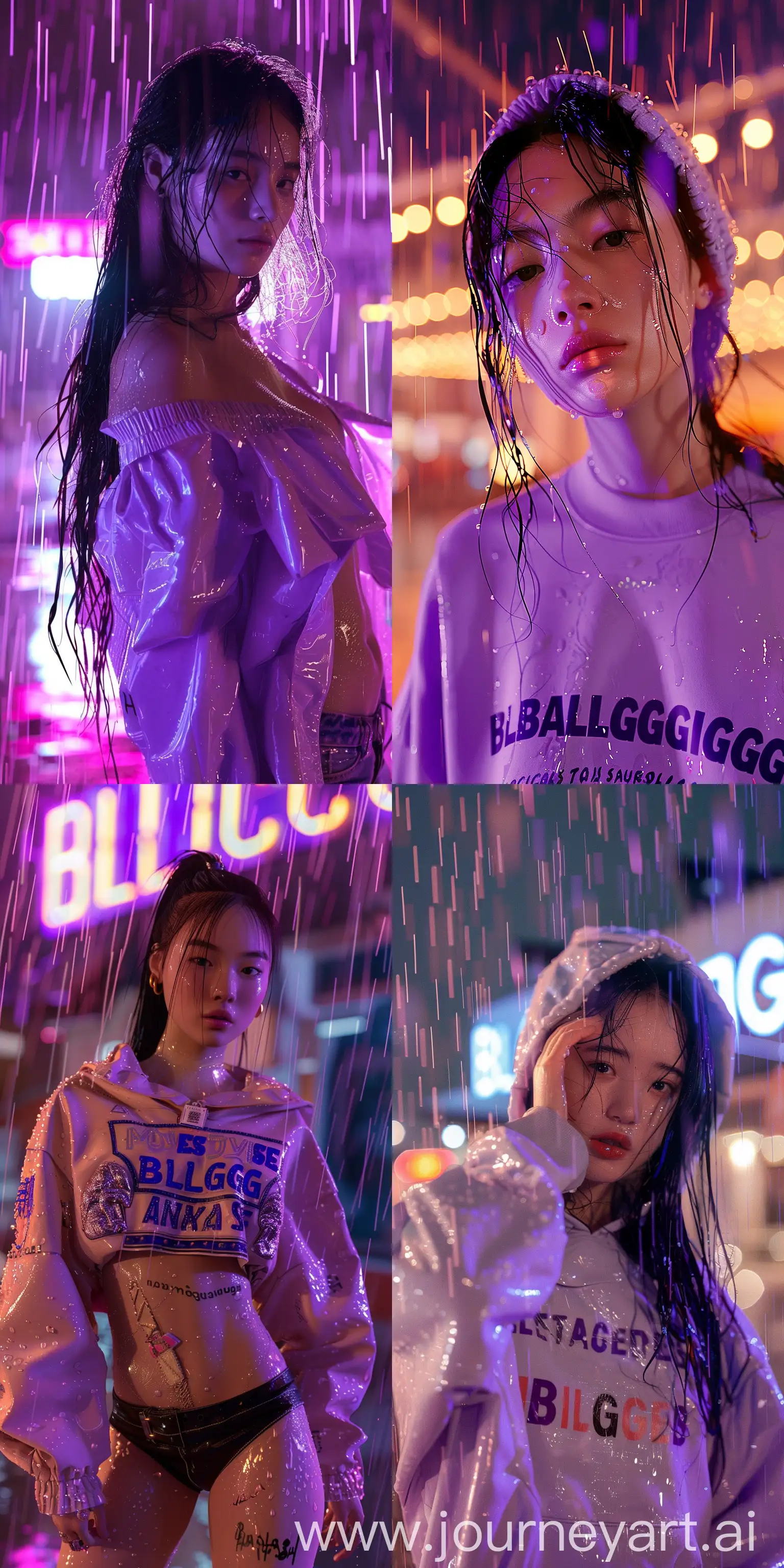 asian girl wearing an overized balenciaga high fashion at night, in the style of iconic album covers, neon-infused digitalism, animated gifs, light purple and light amber, on a rainy day,and  the rain make her body wet, soft-focus portraits, chicano-inspired --ar 1:2 --v 6