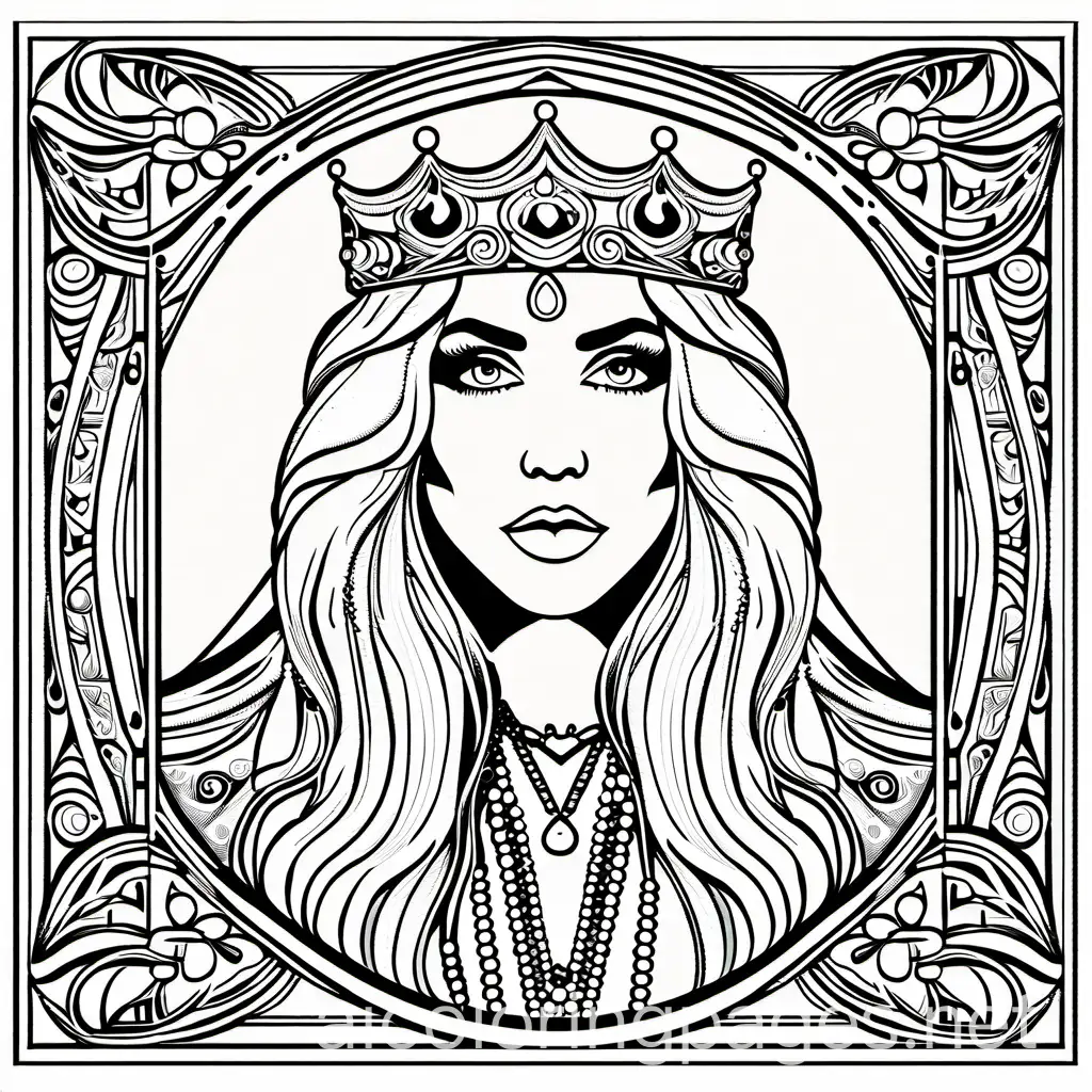 Stevie Nicks as the Queen of Rock, Coloring Page, black and white, line art, white background, Simplicity, Ample White Space. The background of the coloring page is plain white to make it easy for young children to color within the lines. The outlines of all the subjects are easy to distinguish, making it simple for kids to color without too much difficulty