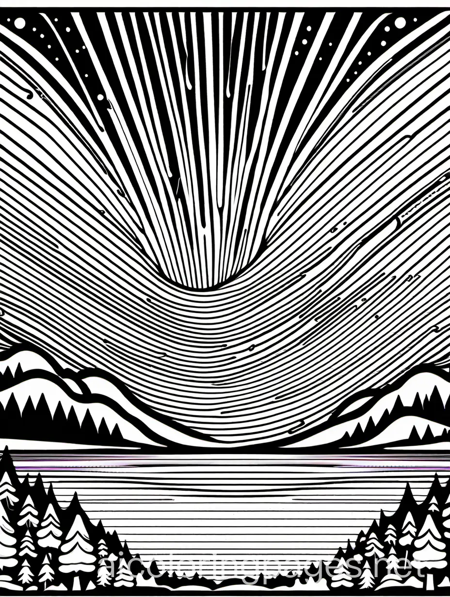 aurora borealis without moon no sun, Coloring Page, black and white, line art, white background, Simplicity, Ample White Space. The background of the coloring page is plain white to make it easy for young children to color within the lines. The outlines of all the subjects are easy to distinguish, making it simple for kids to color without too much difficulty