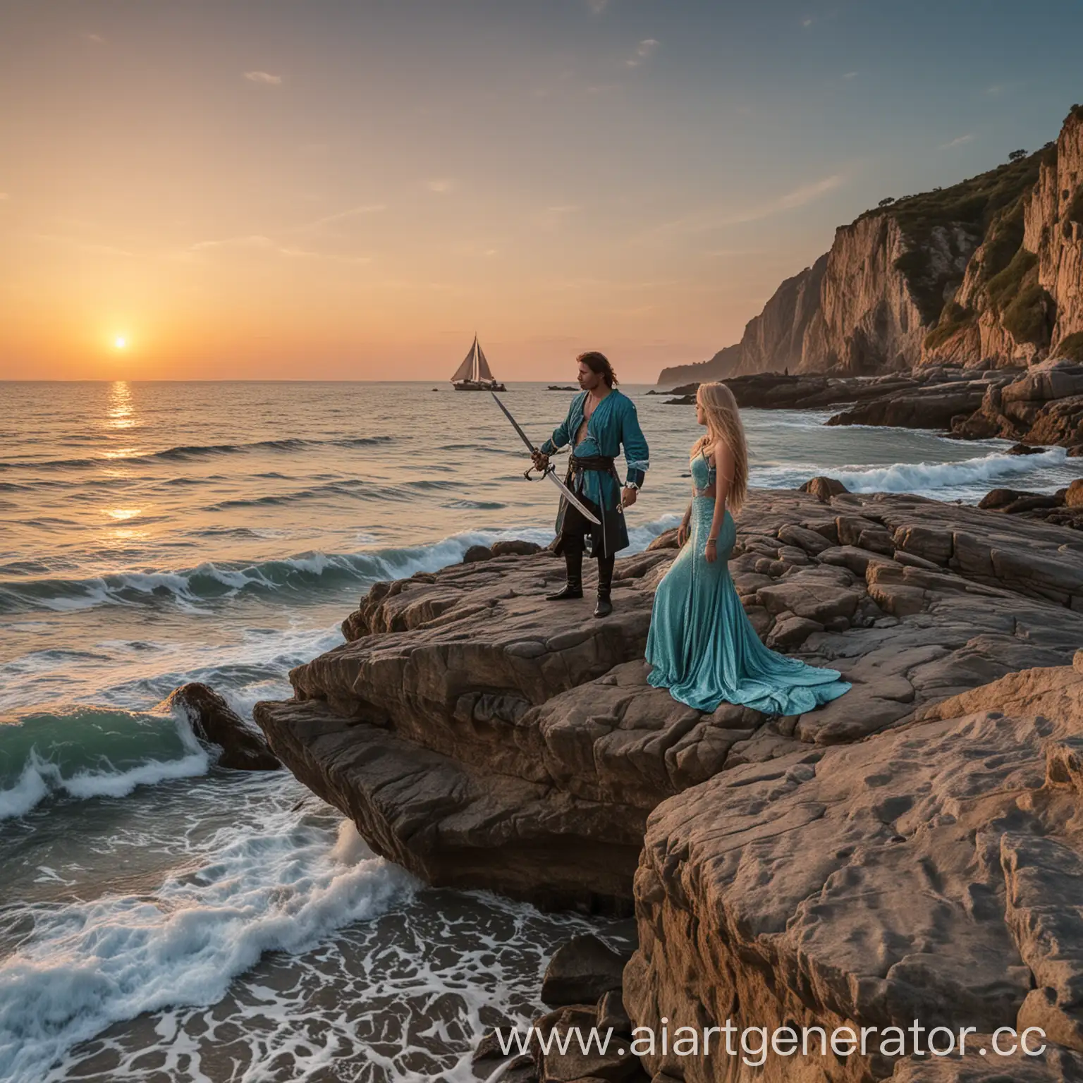 Mermaid-Gazing-at-Pirate-Captain-on-Rocky-Shoreline