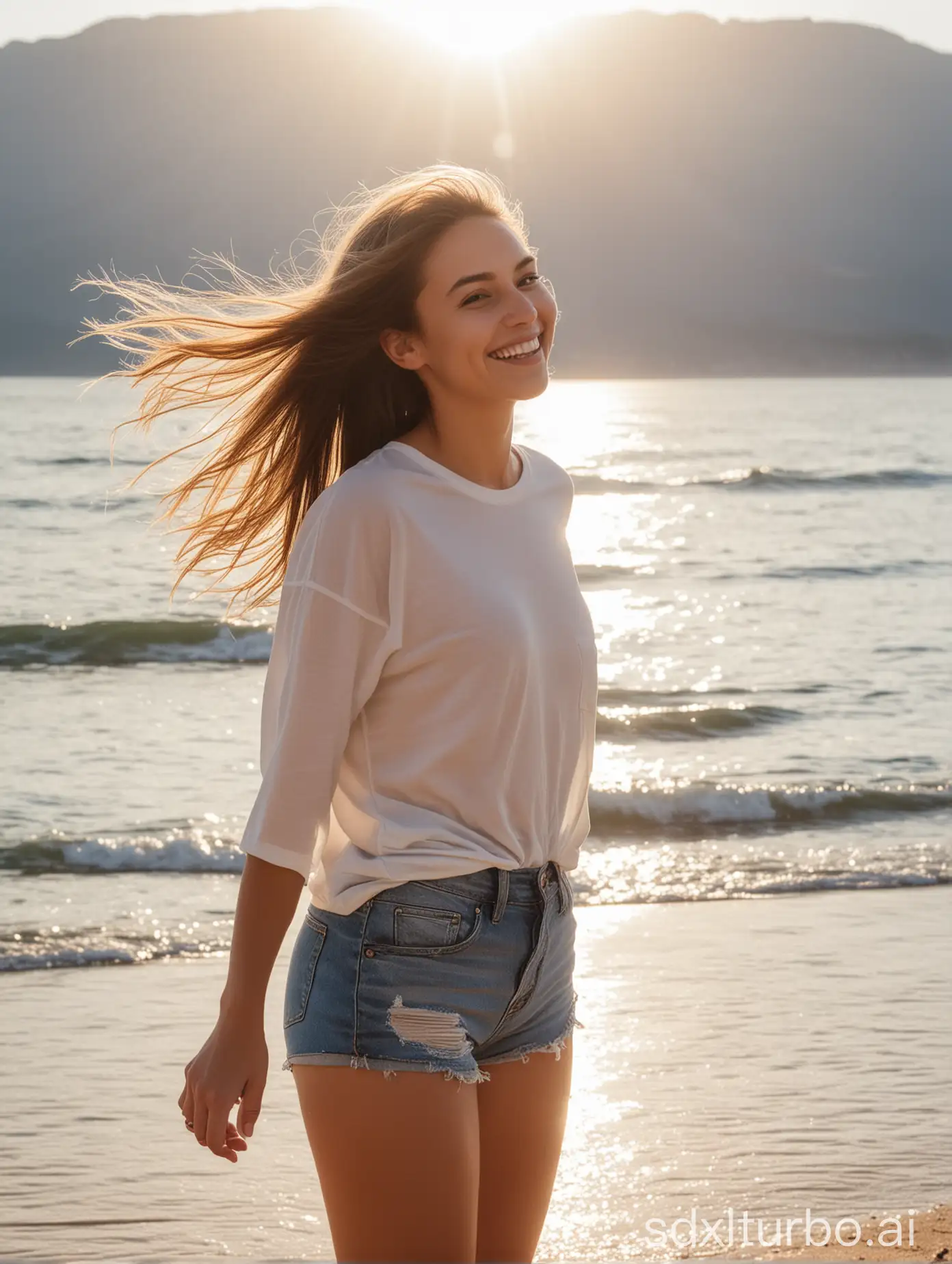 A woman, a young woman, in a day T-shirt and jean shorts, standing on the beach, the sun pouring down on her, looking back and smiling, half a body, long hair flying, beautiful, daylight
