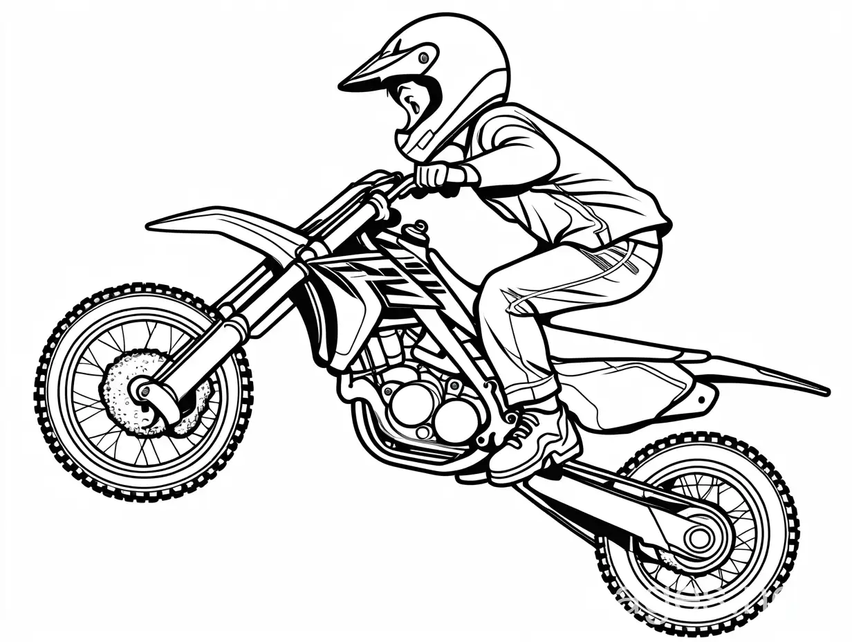 kid doing a wheelie on a dirt bike , Coloring Page, black and white, line art, white background, Simplicity, Ample White Space. The background of the coloring page is plain white to make it easy for young children to color within the lines. The outlines of all the subjects are easy to distinguish, making it simple for kids to color without too much difficulty