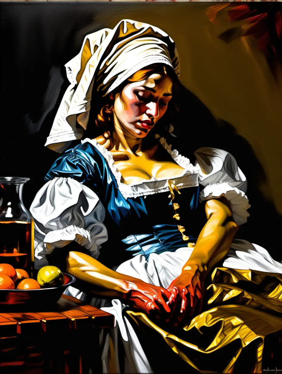 (an expressive painting:1.3), (large strokes style), palette knife style, (Fabian Perez style:1.3) , " A Maid asleep by Johannes Vermeer " depicted in the (17th century:1.3)