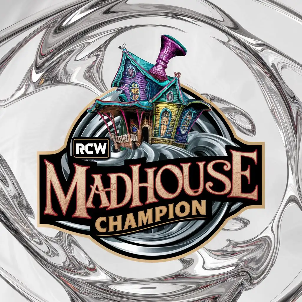 a logo design,with the text "RCW Madhouse Champion", main symbol:Madhatter's house coloured,complex,clear background