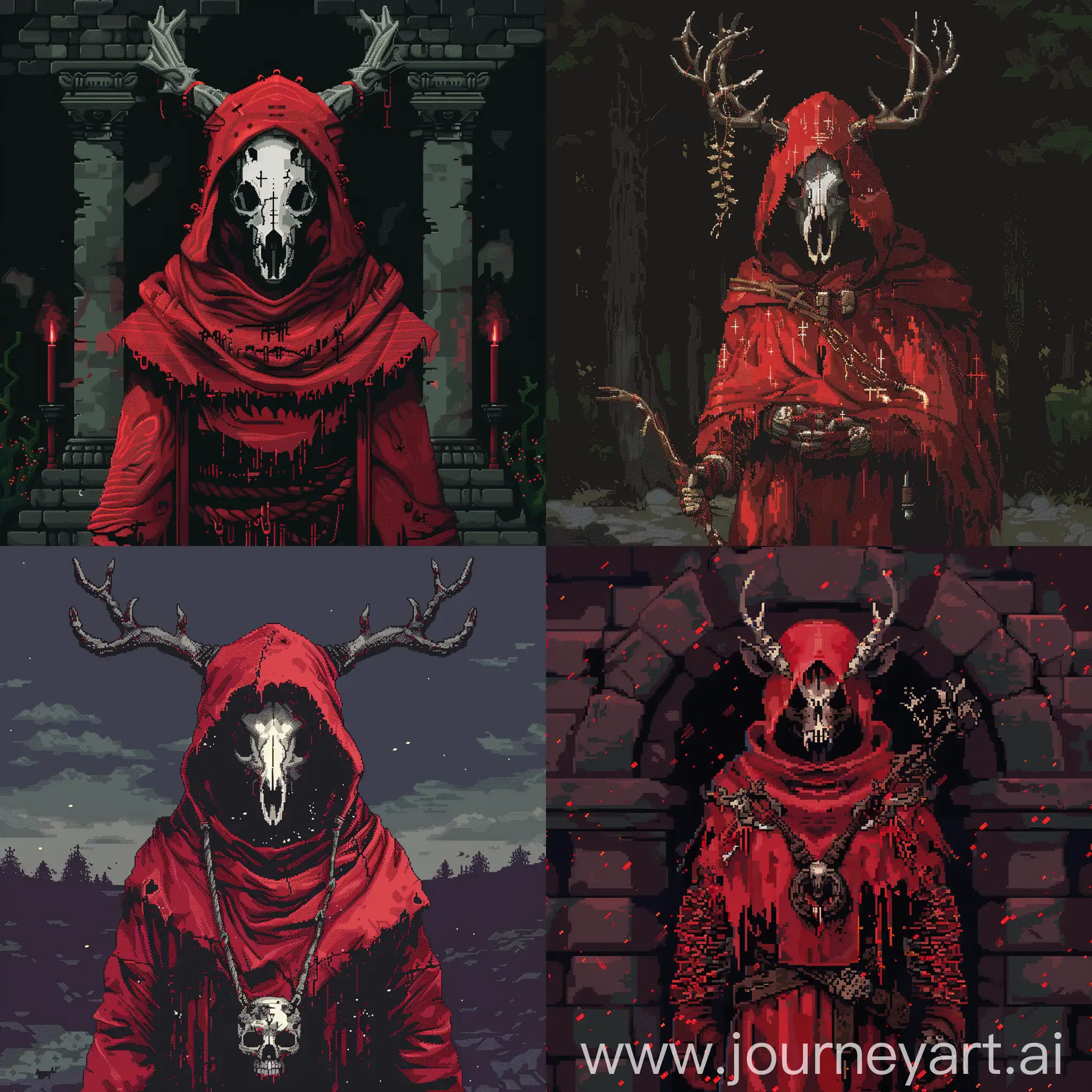 Cultist in red with deer skull pixel art