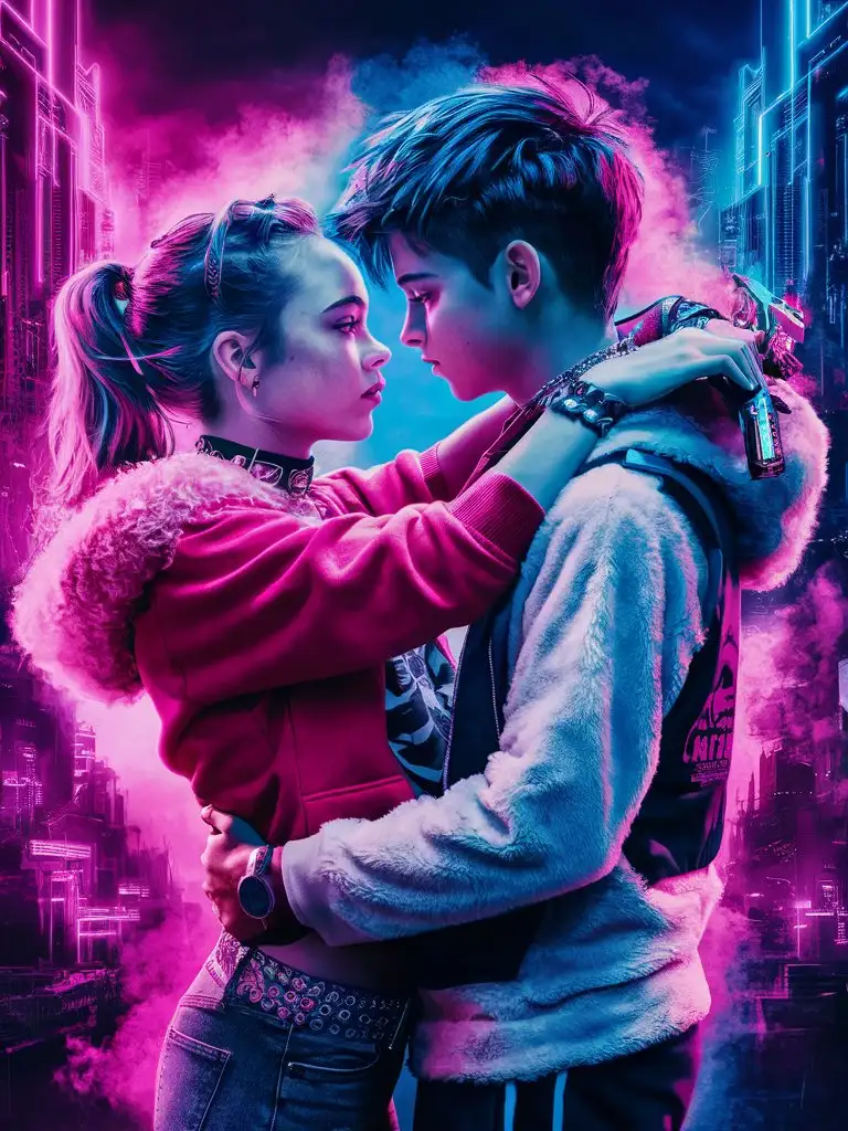 cinematic, siren teenager couple, hugging, fluffy fur-trim-hoodie, choker, raver, fluffy-fleece-undershirt, hot, raver, raw image, joey king, badass filters and effects, character portrait by Adam Marczyński, a teen cyberpunk cyborg, still from alita, juno promotional image, an edgy teen assassin, neonpunk