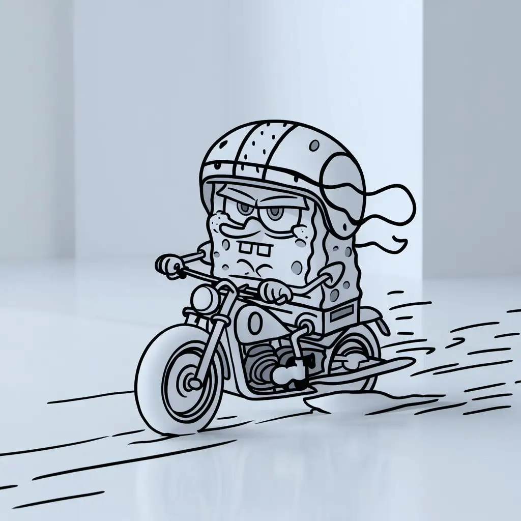 极简风格的, 骑着摩托车的海绵宝宝, 手绘彩画风格, 卡通风格