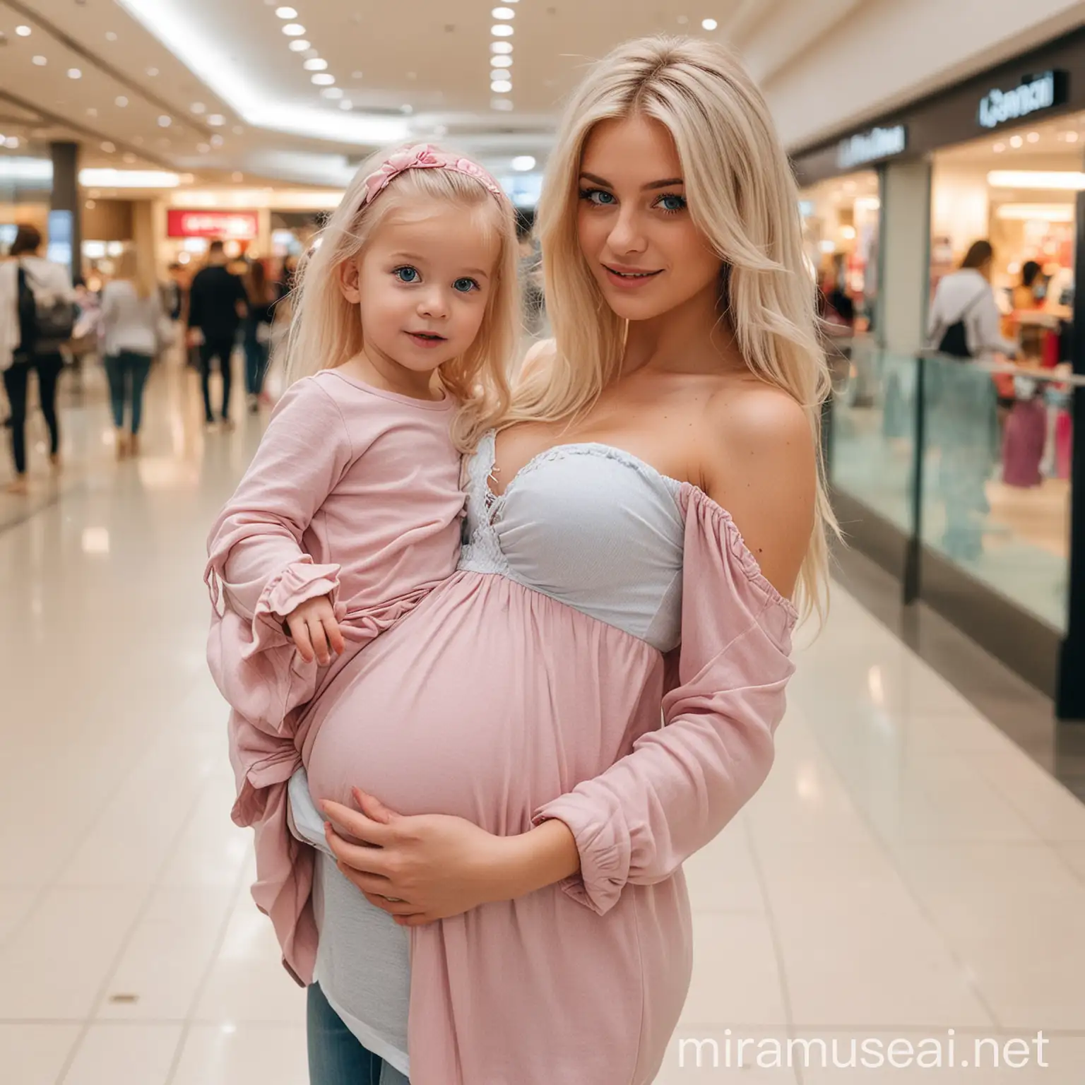 Take a picture of a sexy woman with her little girl. The woman has blonde and pink hair and blue eyes. The girl has light brown and blond hair and blue eyes.The woman is pregnant and they go shopping in a huge modern mall 