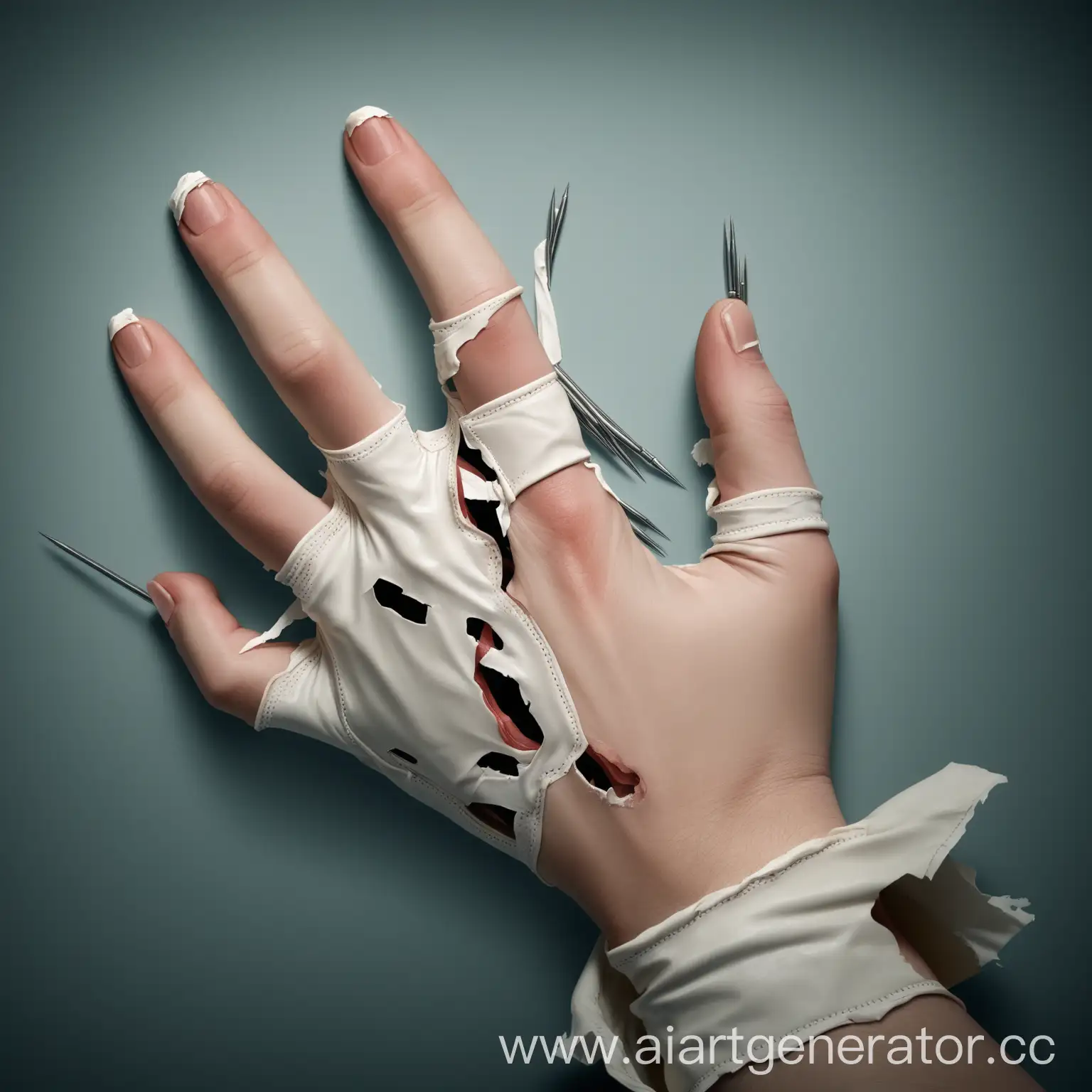 Порванная ногтями медицинская перчатка.
