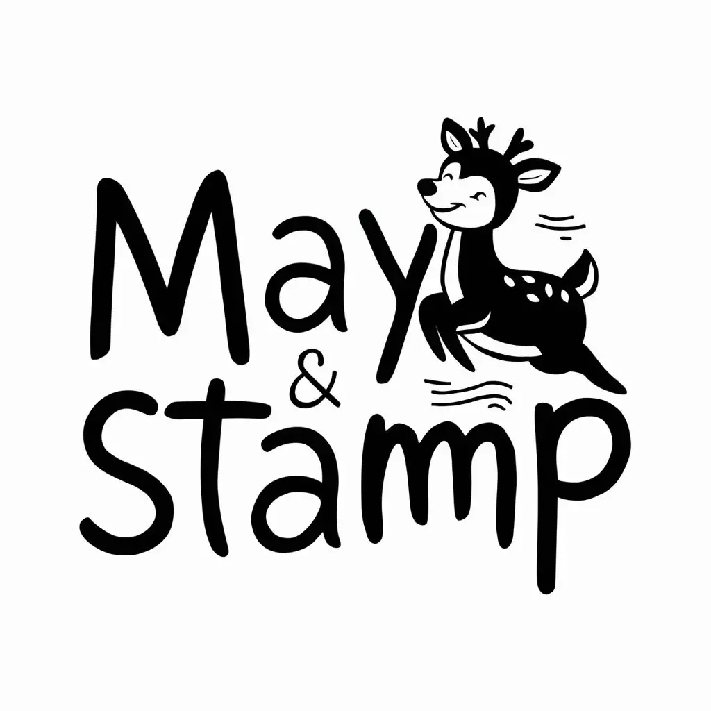 Design a logo ,black and white, drawing, joyful style, playful style, nature , text “ May & Stamp “ , simple, white background 