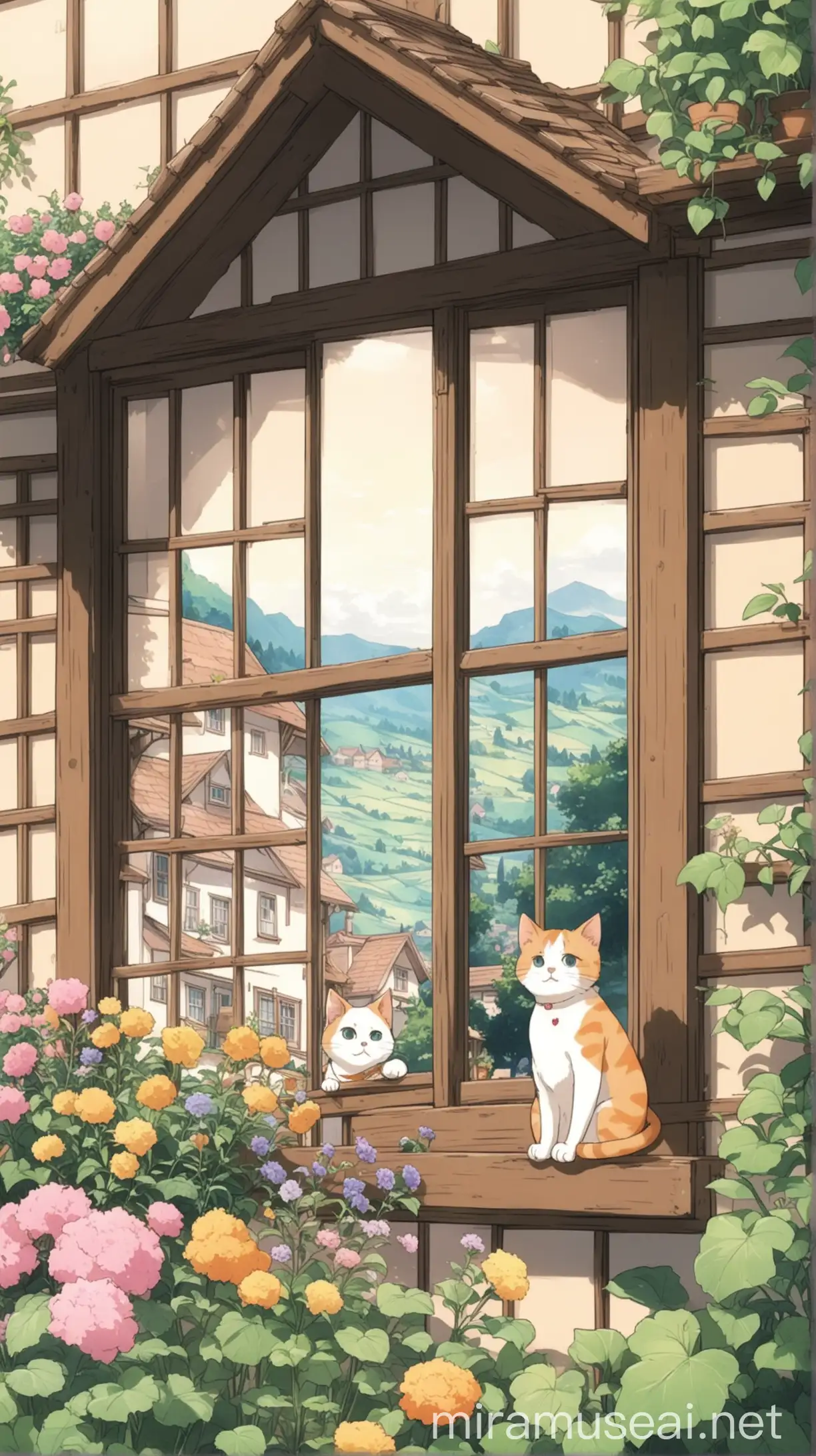 cute aesthetic anime, cat, in window, garden, seen view of village,