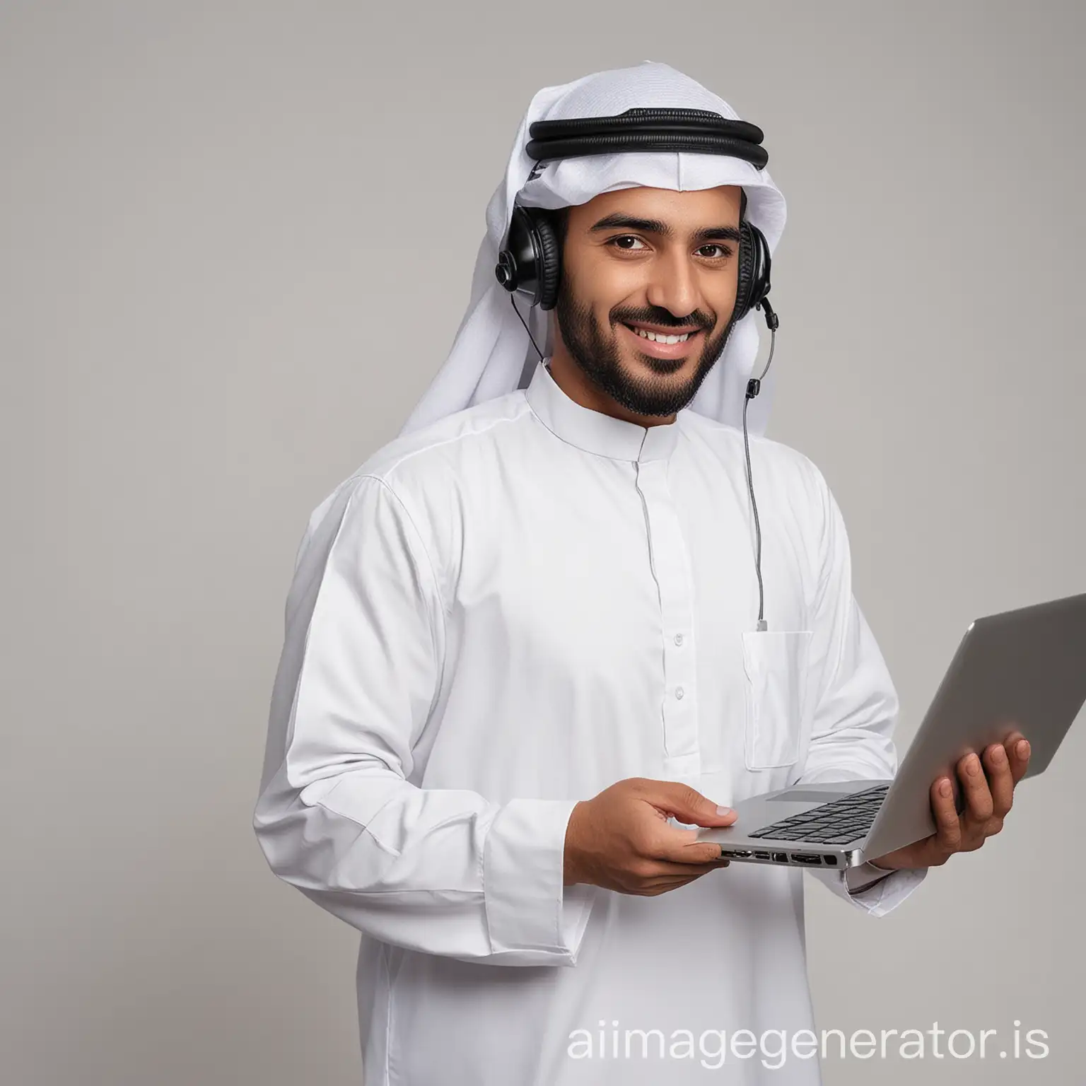 Customer Service kuwaiti man standing infront of white background and smiling while wearing Kuwaiti Oqal and Headset and holding laptop