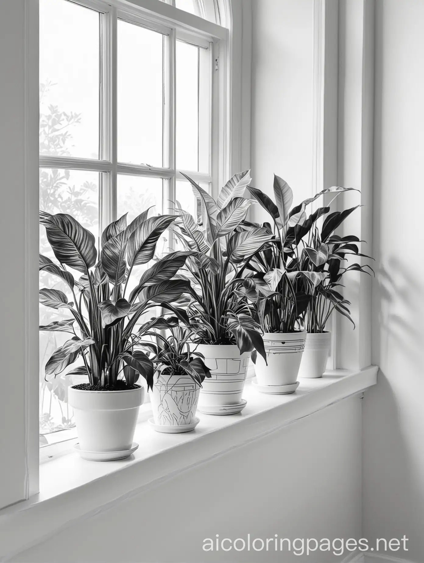 houseplants sitting on a window sill
, Coloring Page, black and white, line art, white background, Simplicity, Ample White Space. The background of the coloring page is plain white to make it easy for young children to color within the lines. The outlines of all the subjects are easy to distinguish, making it simple for kids to color without too much difficulty