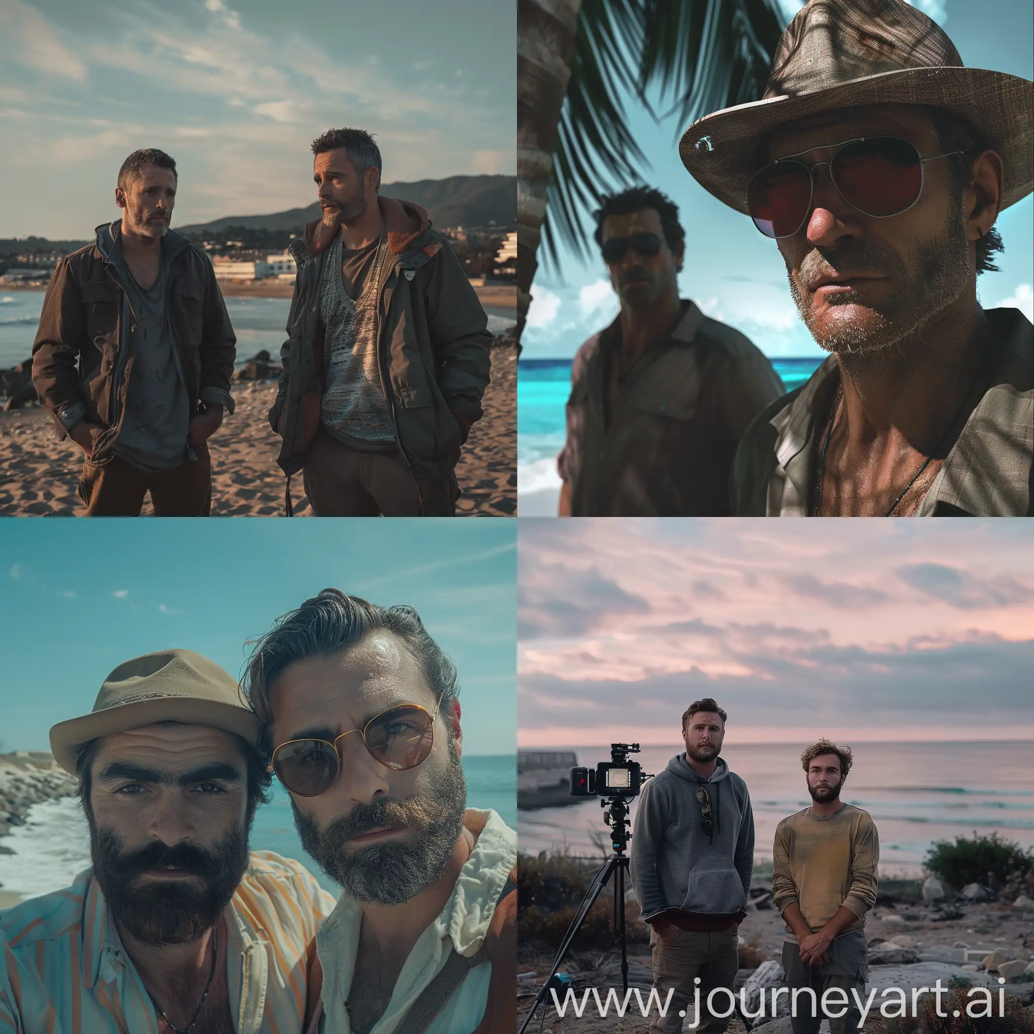 cinematic realistic two men´s in front a beach, 4k