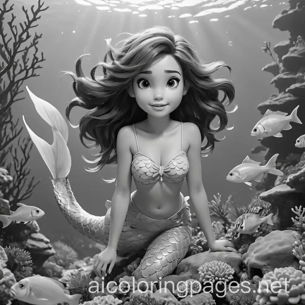 Mermaid Under the Sea: A mermaid swimming with colorful fish and coral reefs in the background., Coloring Page, black and white, line art, white background, Simplicity, Ample White Space. The background of the coloring page is plain white to make it easy for young children to color within the lines. The outlines of all the subjects are easy to distinguish, making it simple for kids to color without too much difficulty