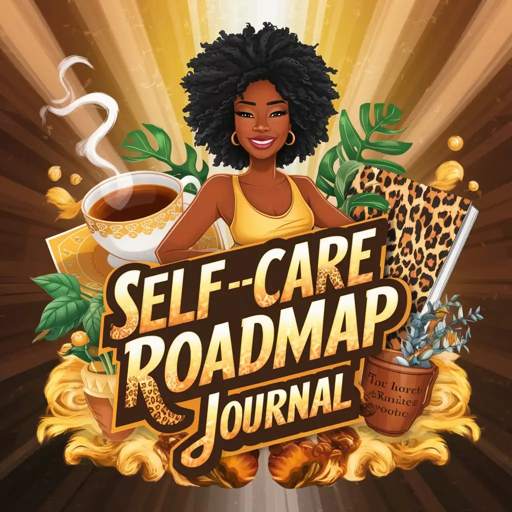 "Create an animated cover design  tailored to African American women. Incorporate vibrant colors, and empowering imagery to convey strength, resilience, and the importance of self-love and well-being. The central figure should be a confident African American woman surrounded by elements such as natural hair, and self-care activities. The title 'Self-Care Roadmap Journal' should be prominently featured in bold, dynamic typography." Add leopard print in the picture