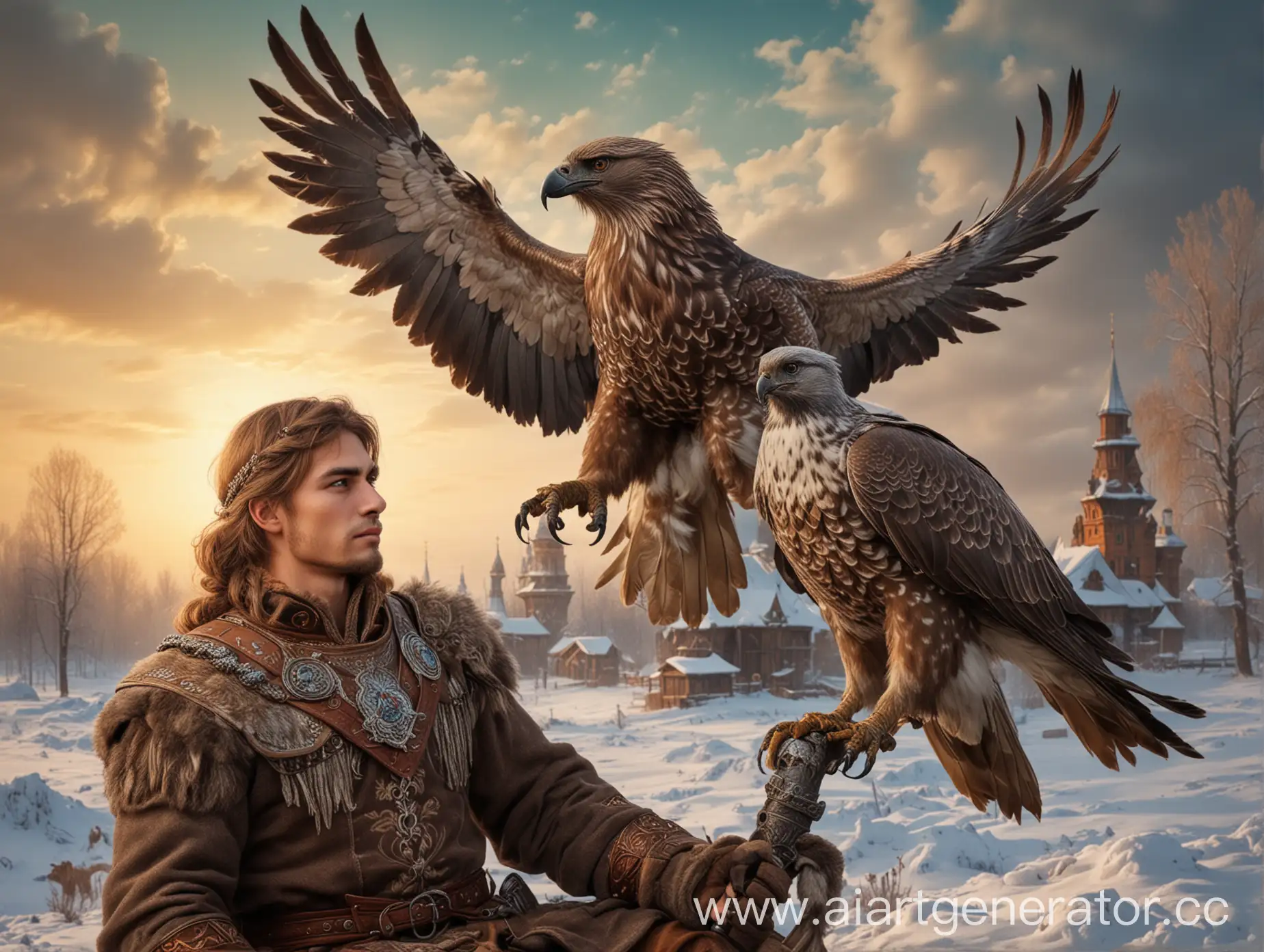 Russian-Bogatyr-with-Falcon-in-Fairy-Tale-Setting