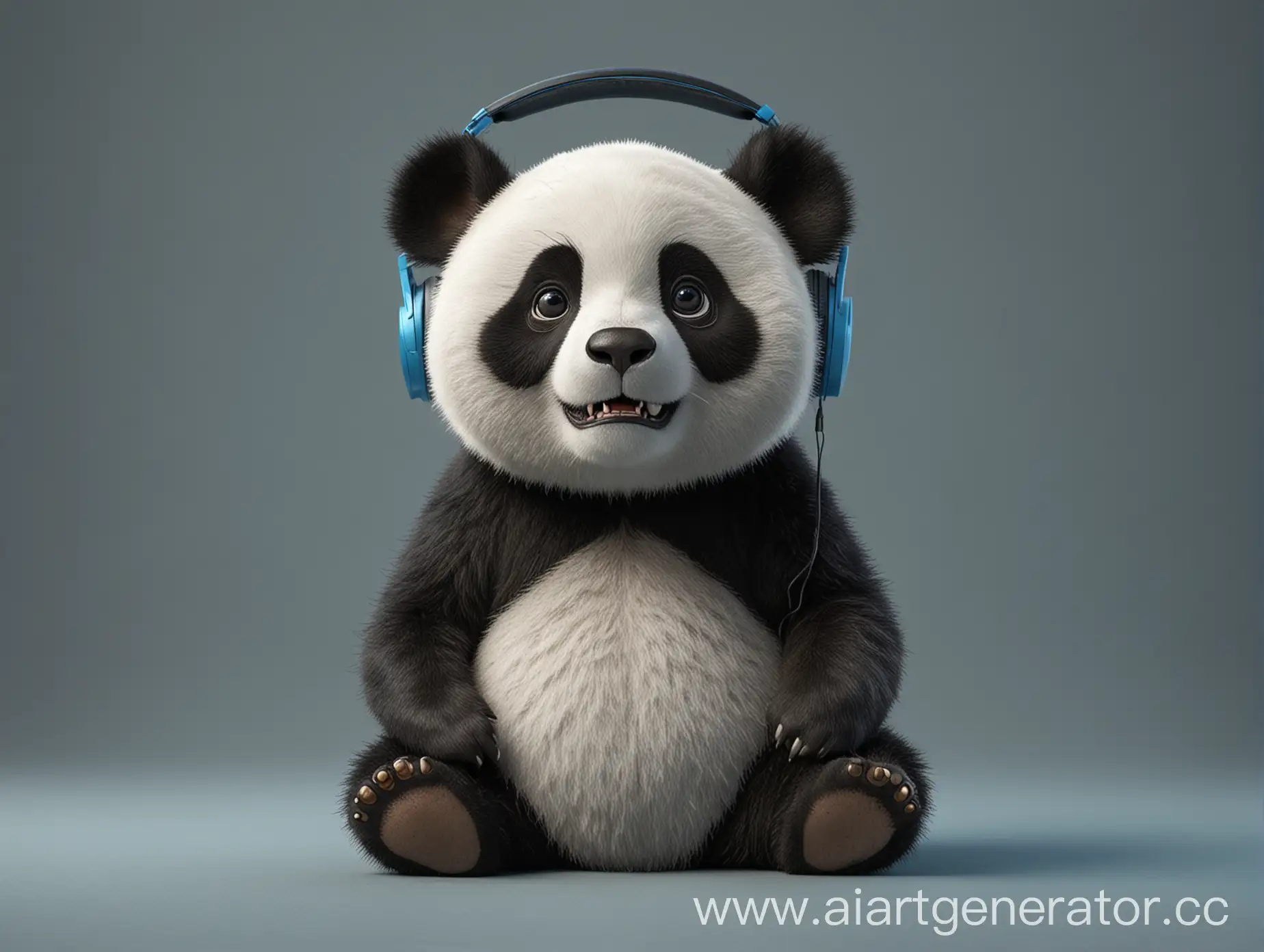 A 3D rendered panda in headphones against a gray backdrop, listening to music; blue wall in the distance