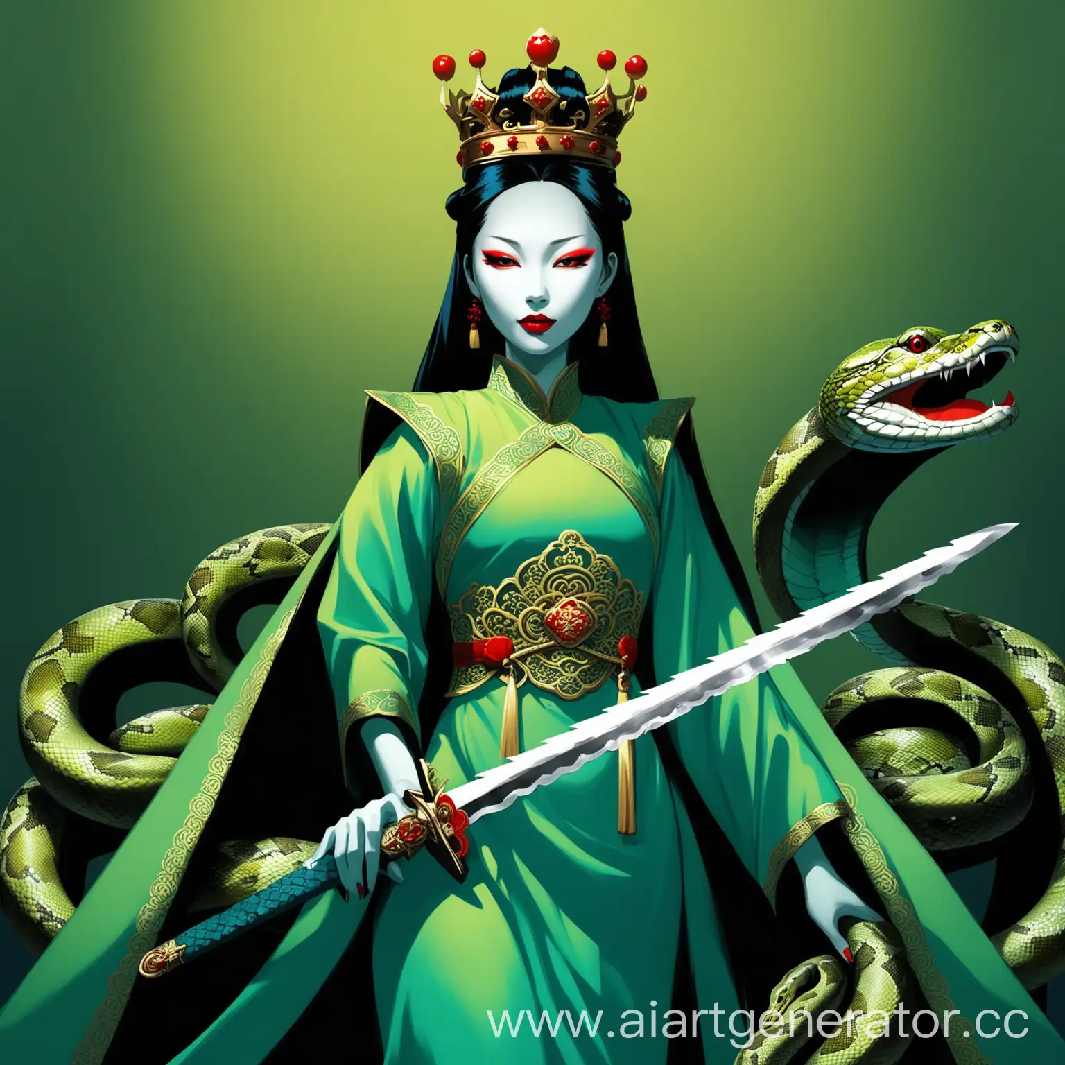 ее изображают как китаянку в синих или зеленых одеждах, с короной, мечем и с ярким макияжем, красными губами и обширными тенями того же цвета, рядом с которой питон