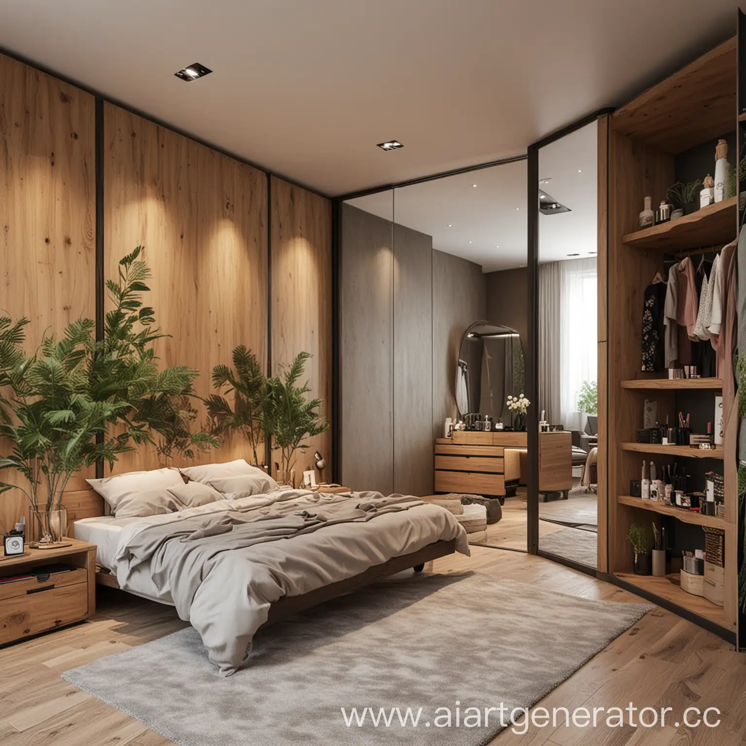 Спальная комната с большой гардеробной, а также с зоной для мейкапа, сочетающая в себе природу и технологичный дизайн
