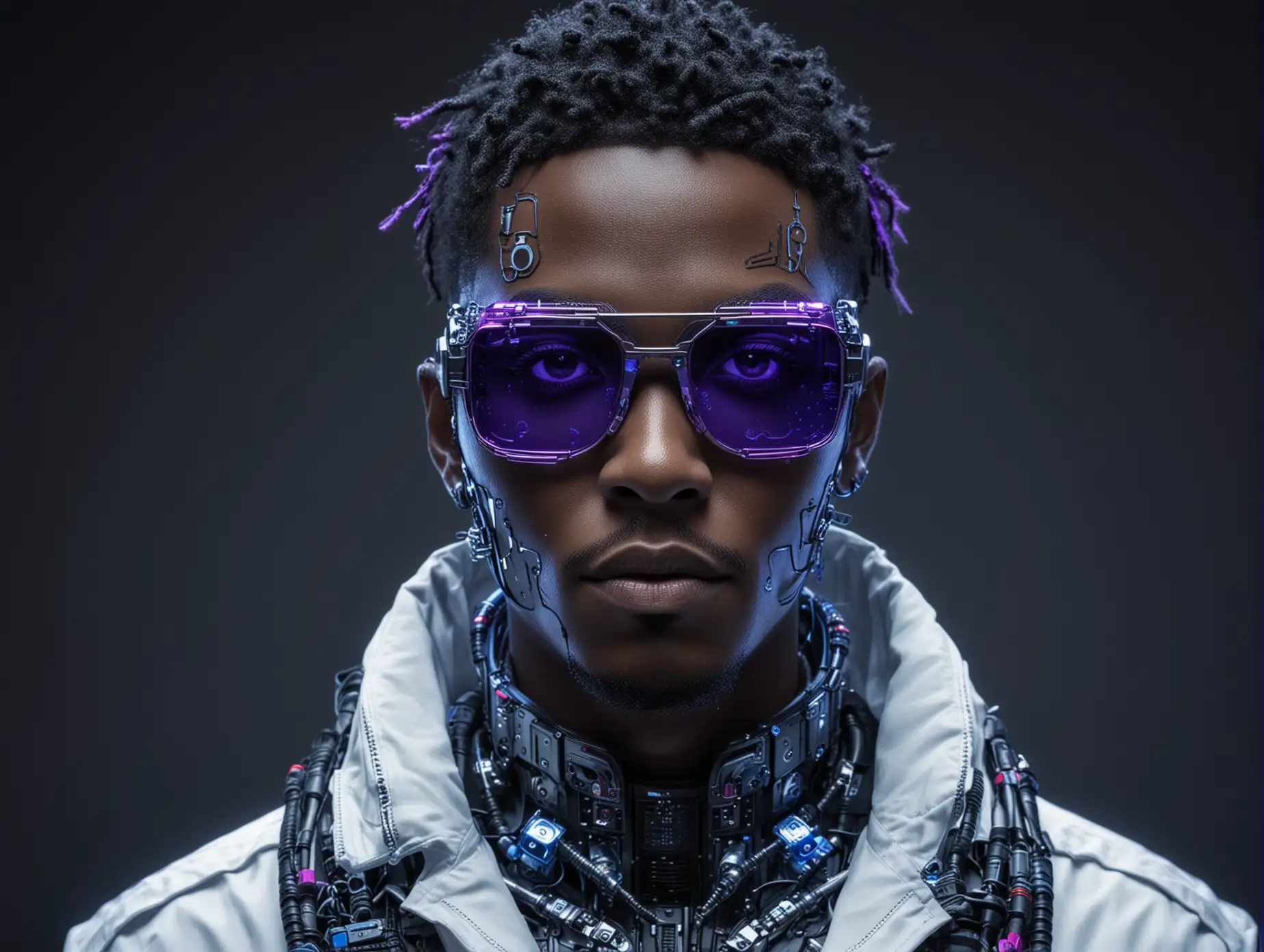 a futuristic long purple-black tech hair cyborg-african tech-guy with many tech stuff on him (blue glowing glasses) with white cyber-chemistry coat. with black smoky background