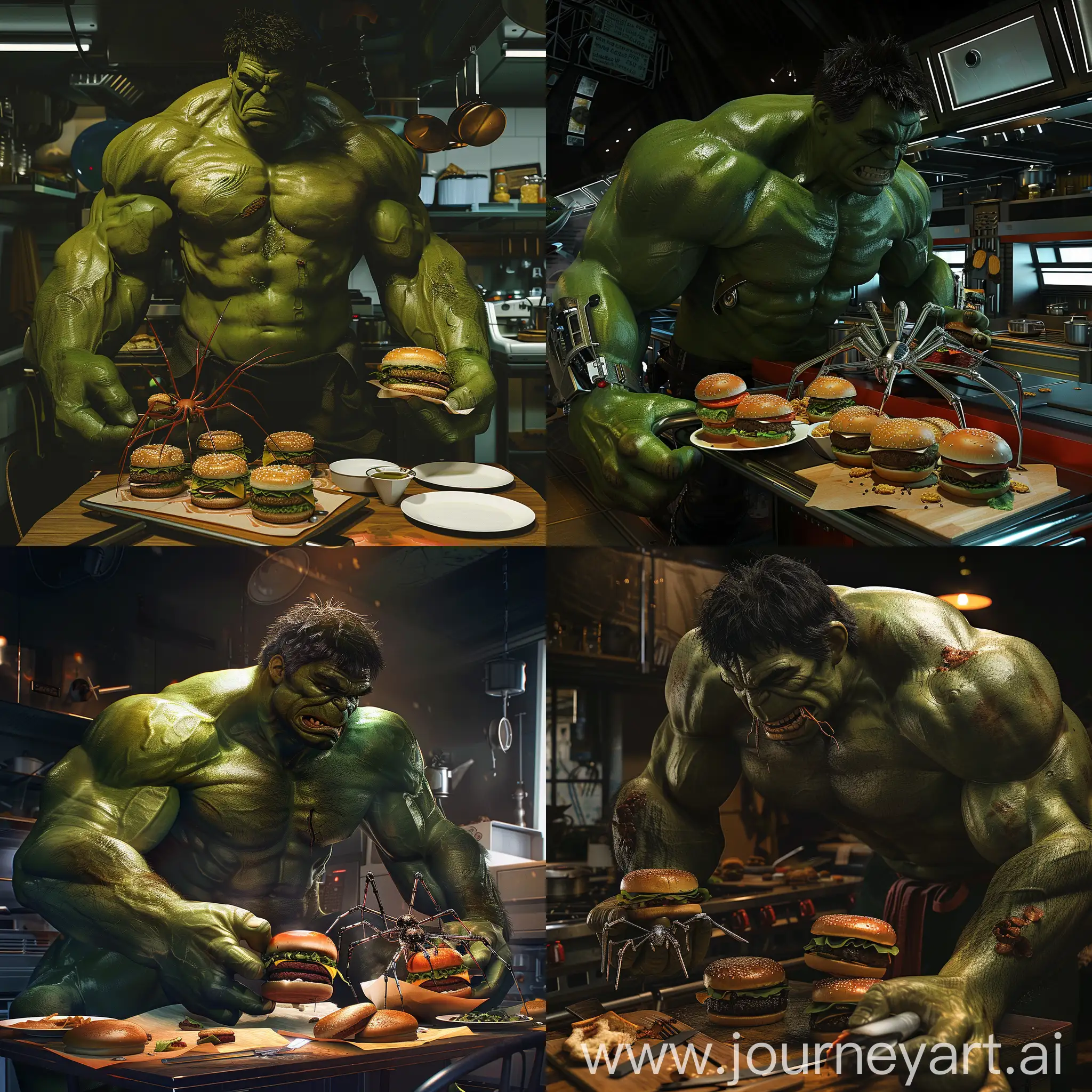 a giant muscular green man, hulk, eating hamburgers, spider robot cooking burgers, futuristic kitchen, cinematic lighting, highly detailed, 8k, intricate details, dramatic shadows, vibrant colors, photorealistic, hyper realistic, epic, masterpiece