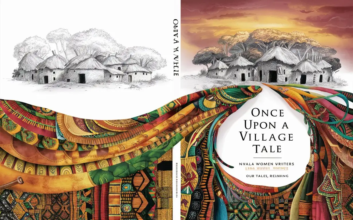 book cover, African mythology and folklore, showcasing pencil drawing of african village with huts infused with mythology at the bottom of the cover, traditional patterns, and symbolic elements Flowing out of the bottom rising to the top in full colour. Title 'Once Upon A Village Tale' Author "Nwala Women Writers" subtitle "Our Tales, Reimagined"