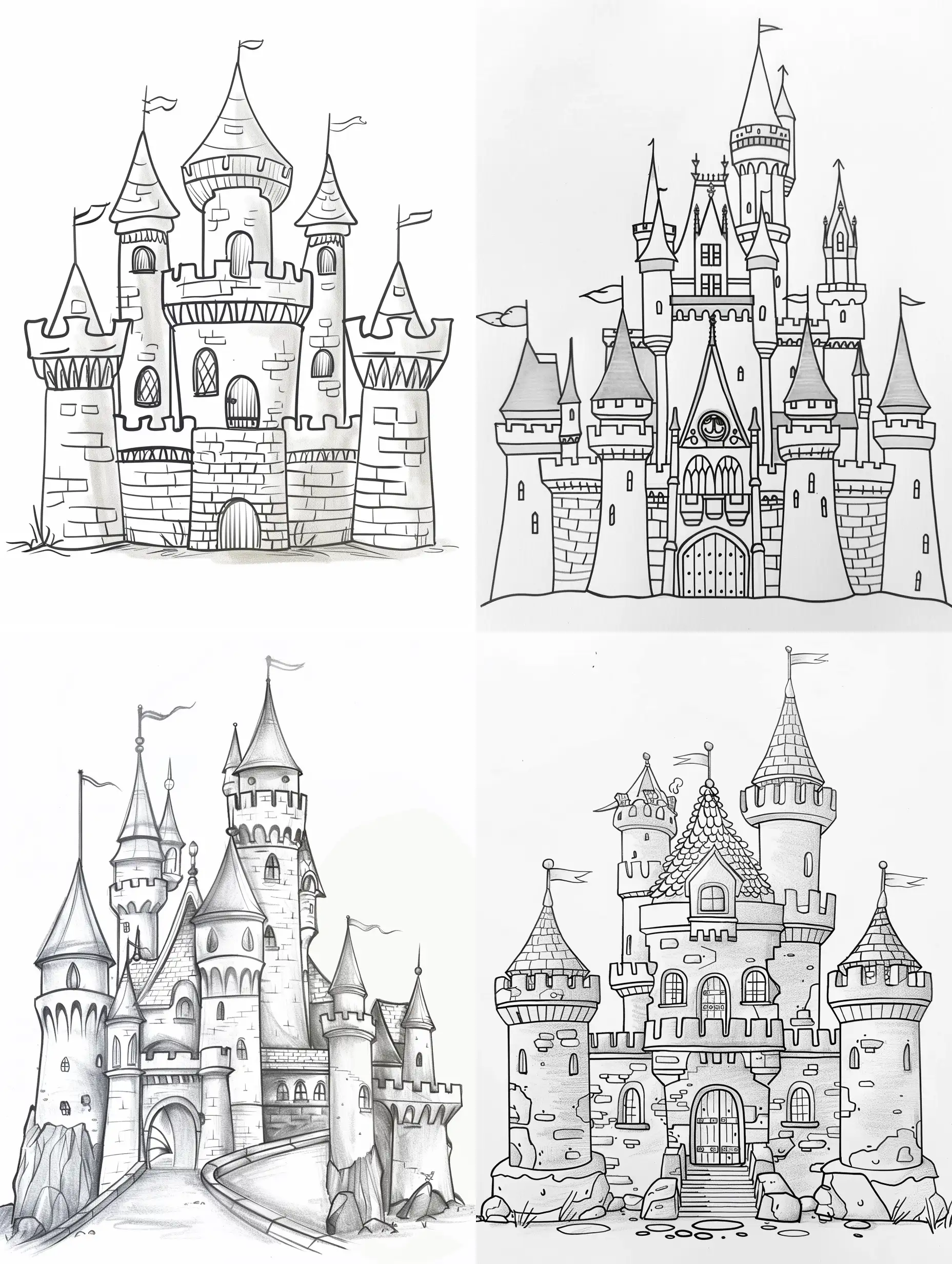  Dibuja  un castillo, que sea lindo y sencillo para libro de colorear de niños pequeños, sin escalas de grises en una hoja blanca con fondo liso sin dibujos .
Que sus rasgos sean dulces y agradables.