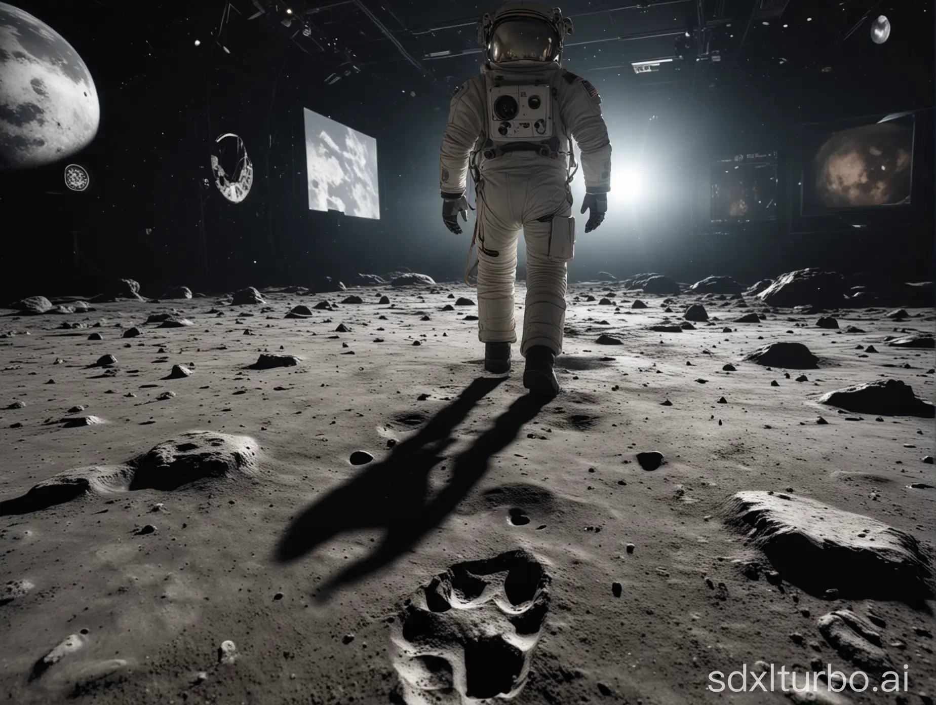 First person view from a VR headset of an astronaut walking on the lunar surface, leaving footprints and the vastness of space surrounding, inside a space exploration museum exhibit hall visible behind, cinematic lighting, extremely detailed