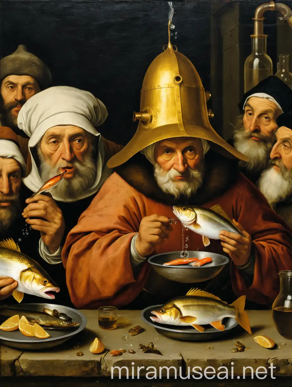 Bruegel old groteque peoples eating fish in chemical laboratory, woman in golden helmet, old masters paintings, old texture 