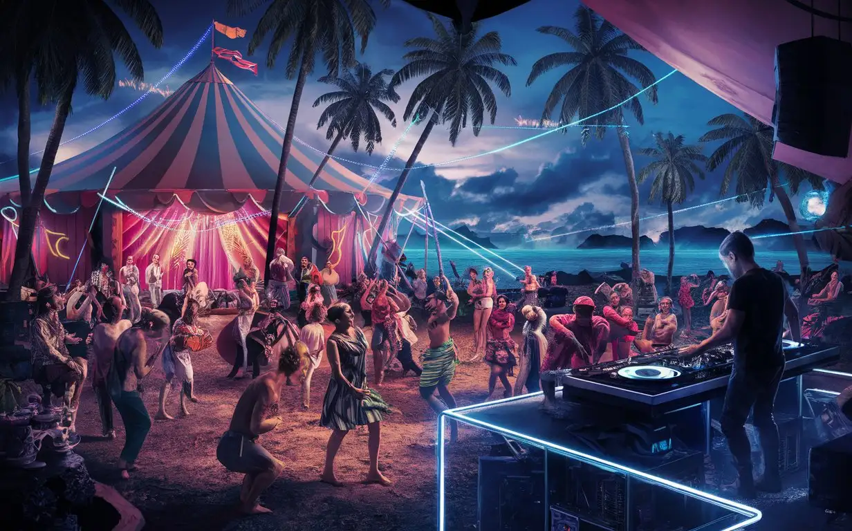 Vibrant Techno Circus Party on a Tropical Island