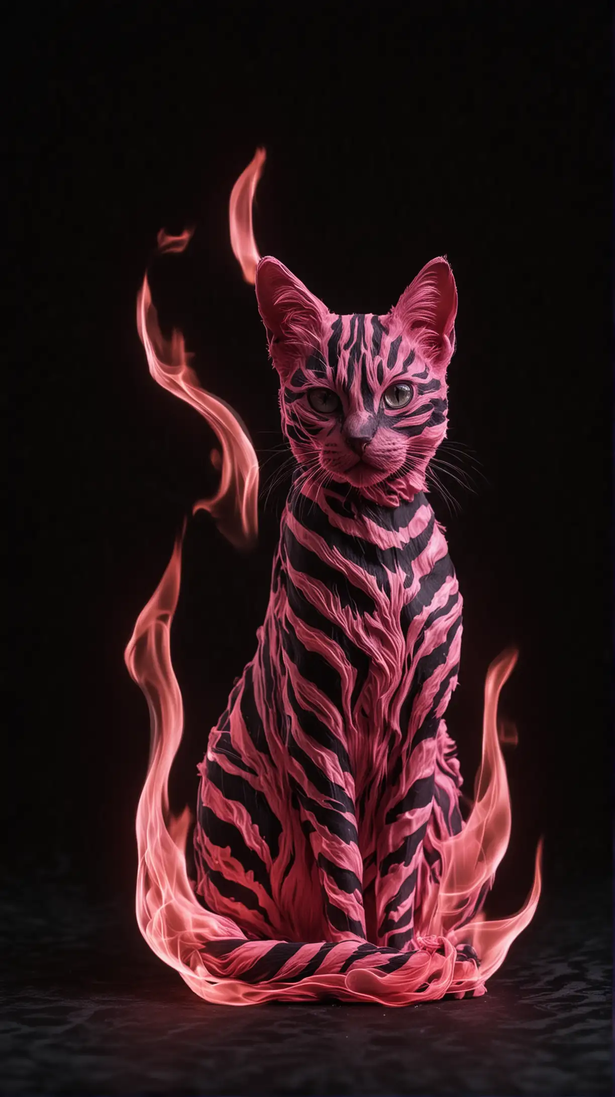 Ethereal Pink Cat Flame Dancing Against a Striking Black Striped Backdrop