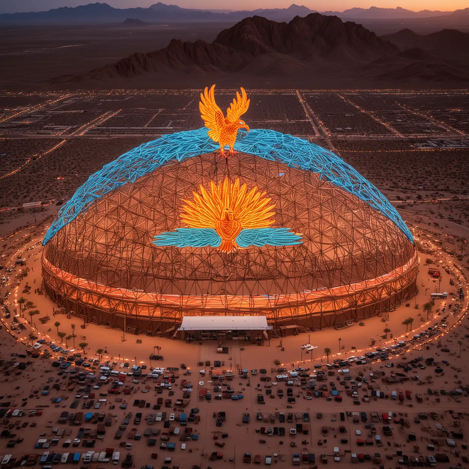 Neon Phoenix Football Dome Stadium in Desert Landscape