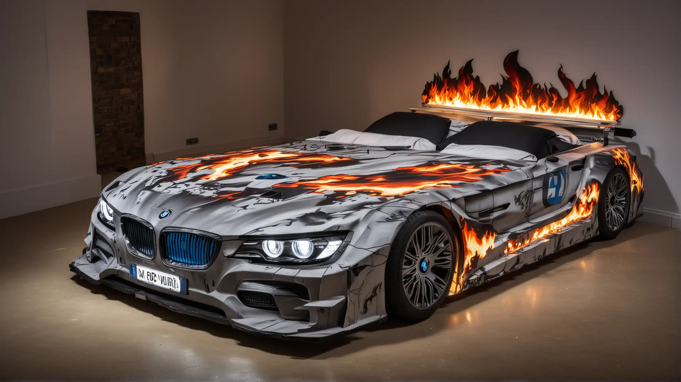 Double bed in the shape of a BMW car with headlights on and fire graphics