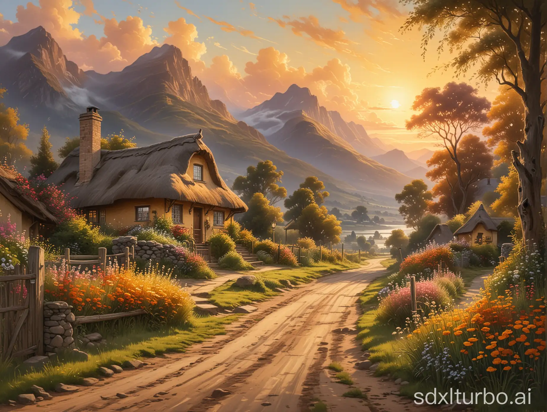 A long and narrow dirt road, lined with flowers and grass on both sides, leads to a thatched cottage emitting smoke at the end of the road. The painting on the cottage depicts mountains and forests, with the setting sun above the mountains, warm hues, light and shadow, high contrast, details, a golden sky, and colorful clouds.