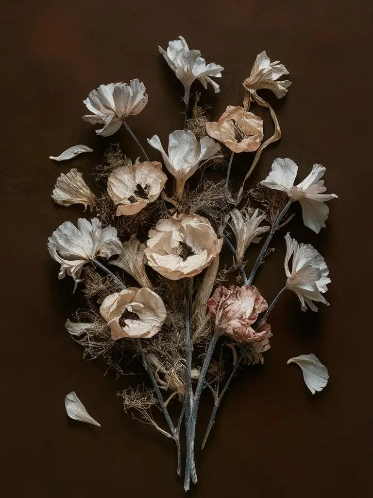 Vibrant Painterly Dry Flowers on Dark Brown Background