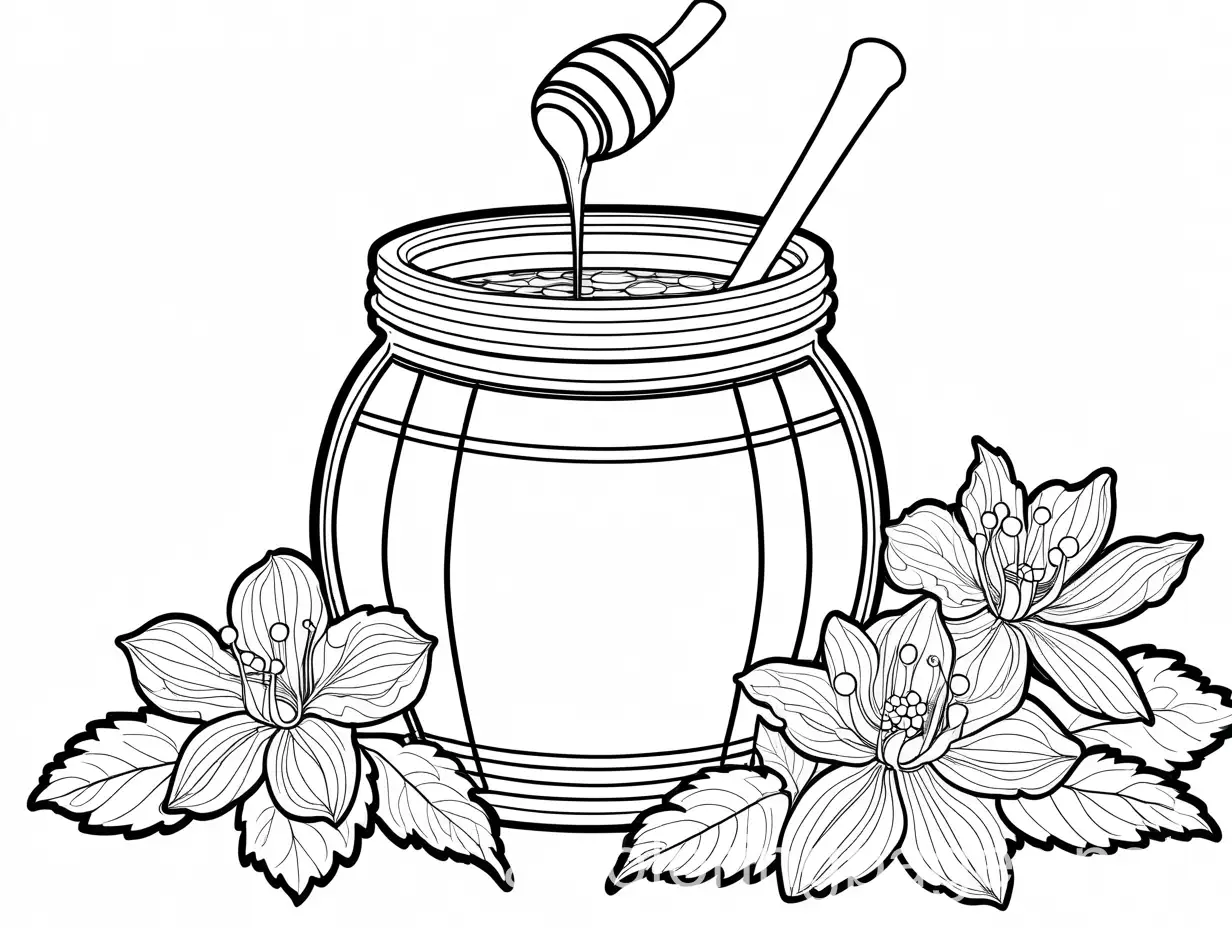 pot of honey , Coloring Page, black and white, line art, white background, Simplicity, Ample White Space. The background of the coloring page is plain white to make it easy for young children to color within the lines. The outlines of all the subjects are easy to distinguish, making it simple for kids to color without too much difficulty