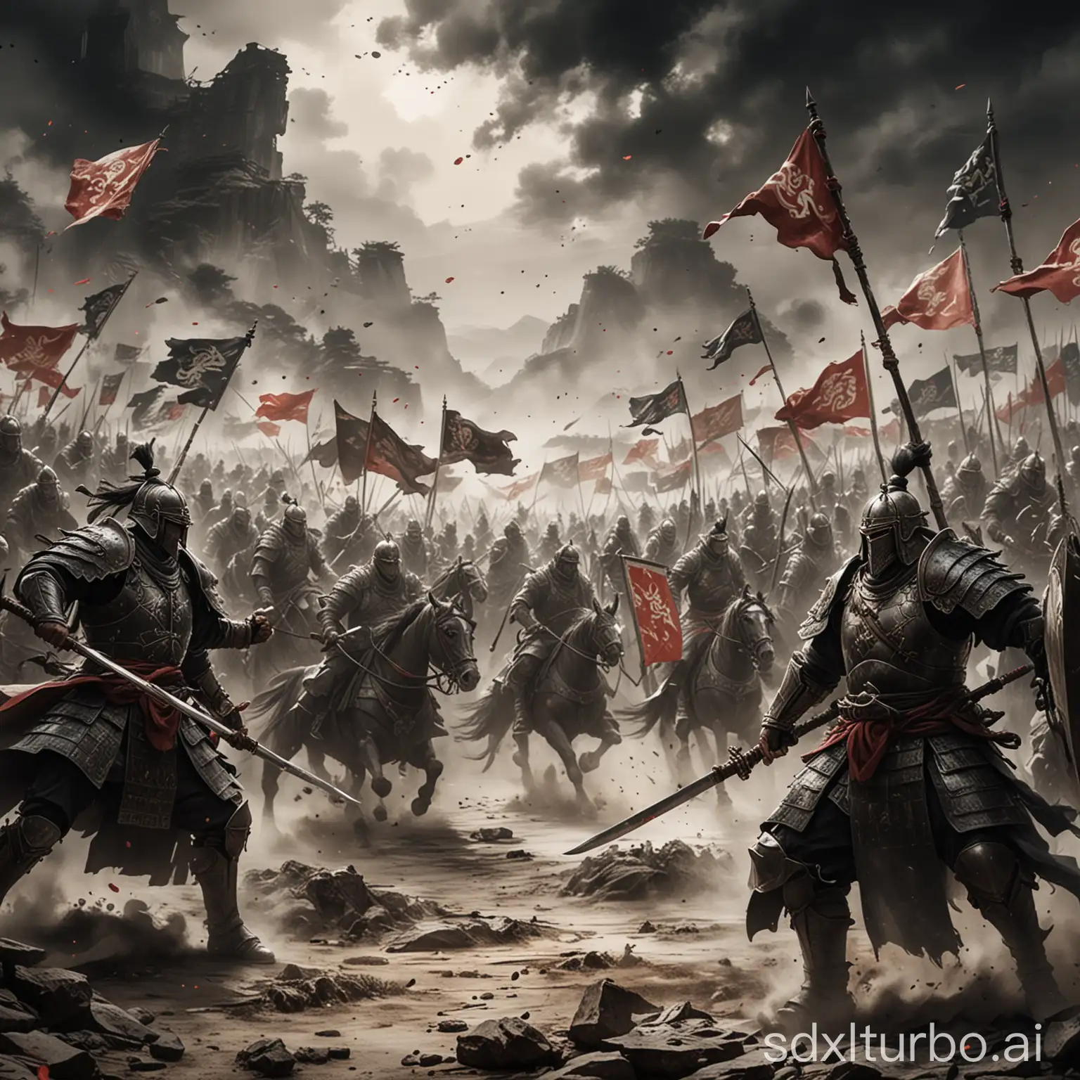 Ink wash painting of a fierce battlefield with armored warriors clashing, flags of the Three Kingdoms flying in the wind, dramatic lighting, cinematic composition, trending on ArtStation.