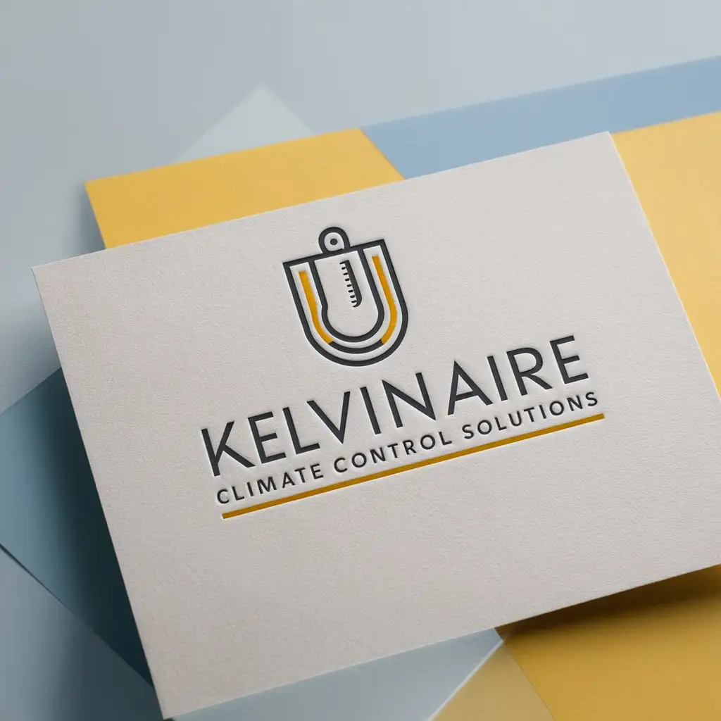 a logo design,with the text "KelvinAire Climate Control Solutions", main symbol:Our brand focuses on heating, cooling, ventilation, and refrigeration services.nKey Requirements:n- Minimalist Approach: I am looking for a logo that embodies a minimalist style, ensuring it is clean, modern, and professional. This logo should include a Climate theme. Preferred colors baby blue and yellow.n- Must be a logo on a stationery mockup,Moderate,clear background