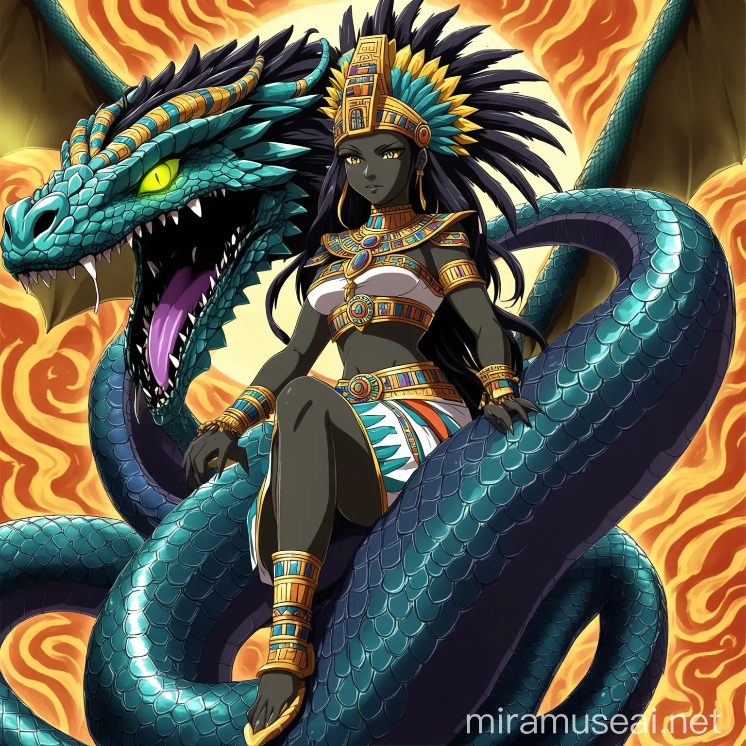 Elegant Opalescent Dragon Rider Mesmerizing Gorgon in Aztec Attire