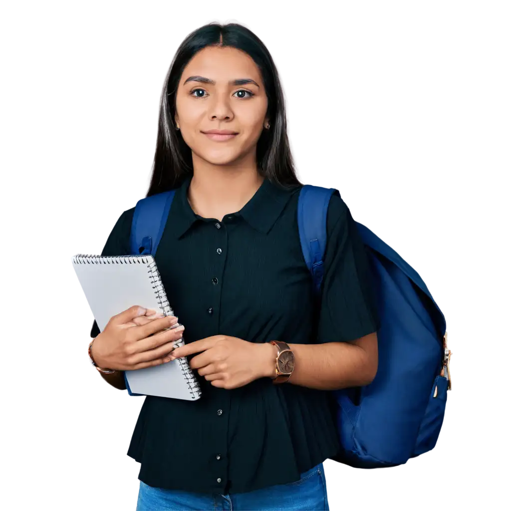 phogo of an indian pu college going girl with her college back bag and holding some notebook in hand. standing in front of college building in mid clouse up angle.