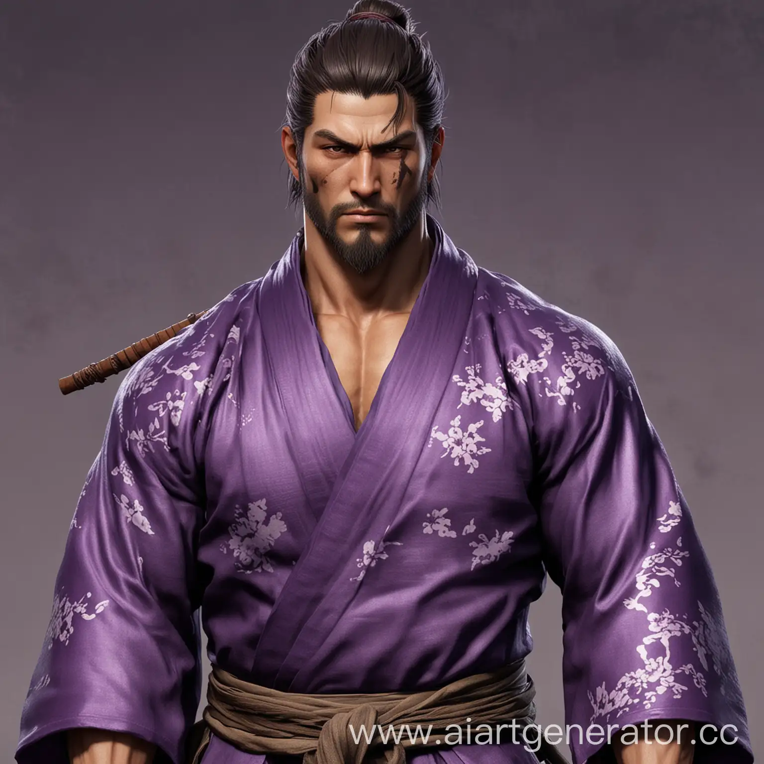 персонаж для игры в ДНД: сексуальный подкачанный мужчина в фиолетовом кимоно, внешностью и волосами похож на Волка из Sekiro shadows die twice