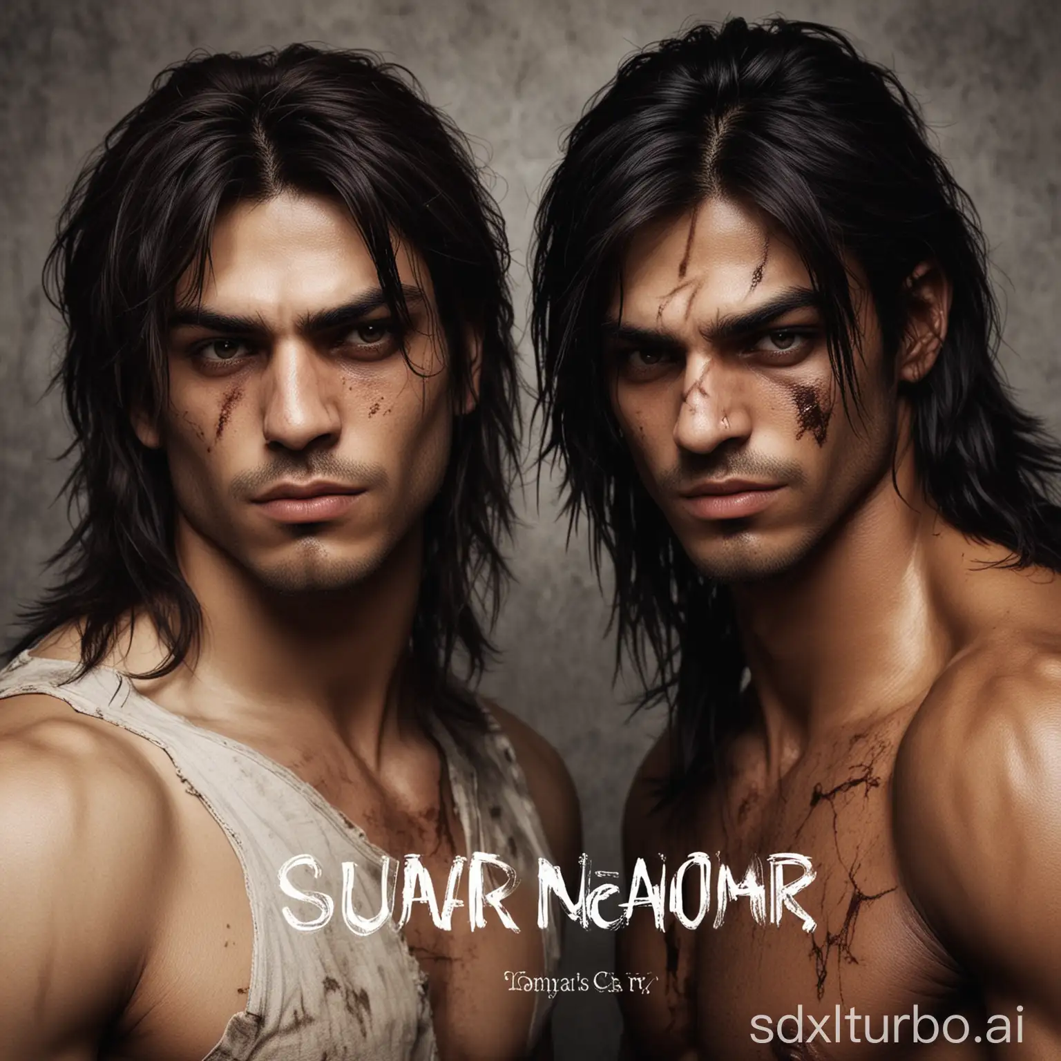 2 friends, one is white with a boxer's scar, the other is dark-skinned with long hair, 'suraj Naim' written at the bottom. When brothers are together, devils cry