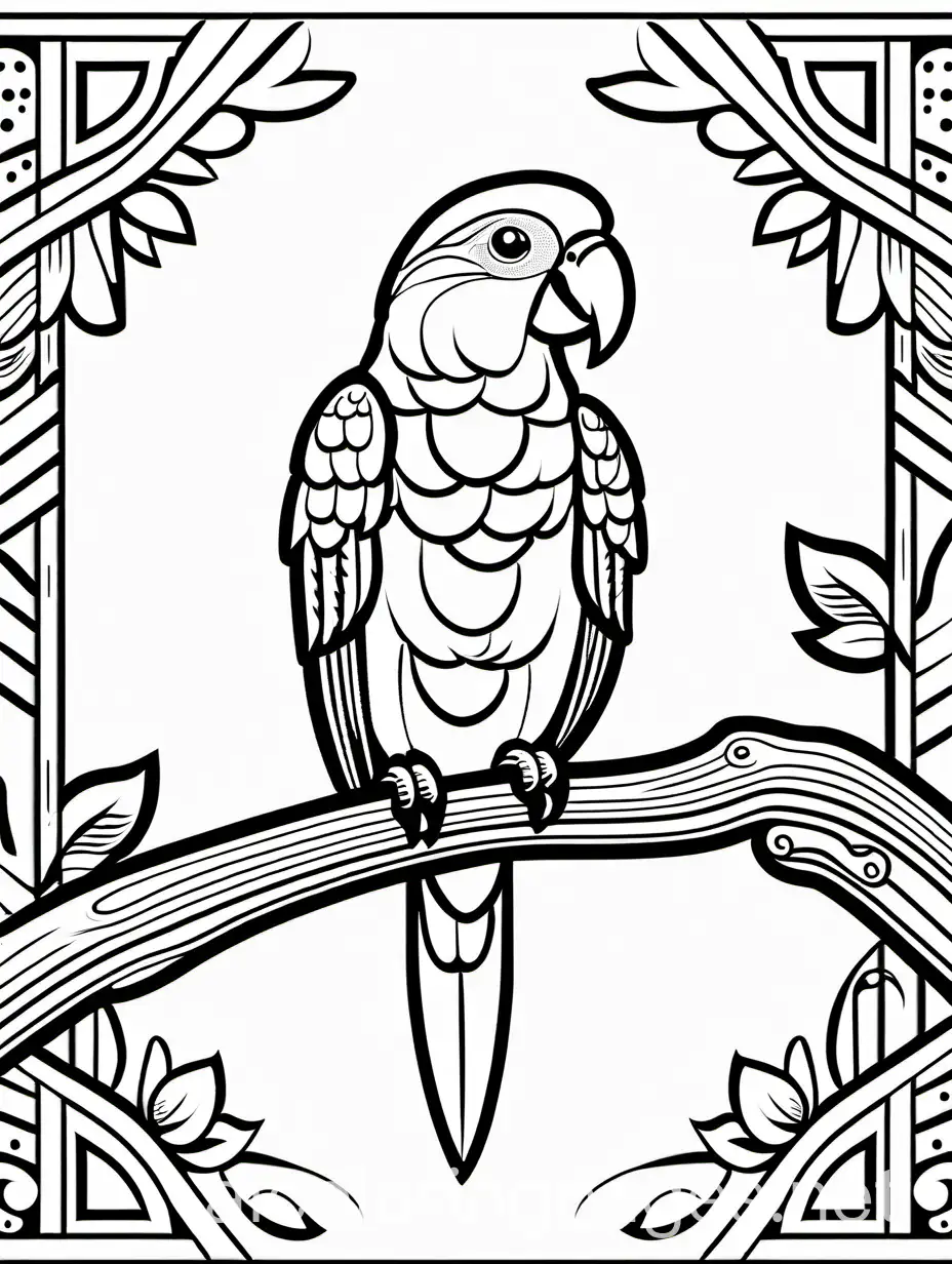 A cheerful parrot perched on a wooden swing. (with a white background) , Coloring Page, black and white, line art, white background, Simplicity, Ample White Space. The background of the coloring page is plain white to make it easy for young children to color within the lines. The outlines of all the subjects are easy to distinguish, making it simple for kids to color without too much difficulty, Coloring Page, black and white, line art, white background, Simplicity, Ample White Space. The background of the coloring page is plain white to make it easy for young children to color within the lines. The outlines of all the subjects are easy to distinguish, making it simple for kids to color without too much difficulty