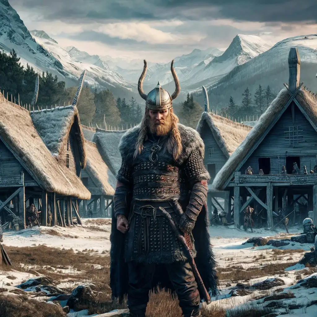 A historical Viking village with longhouses and warriors.