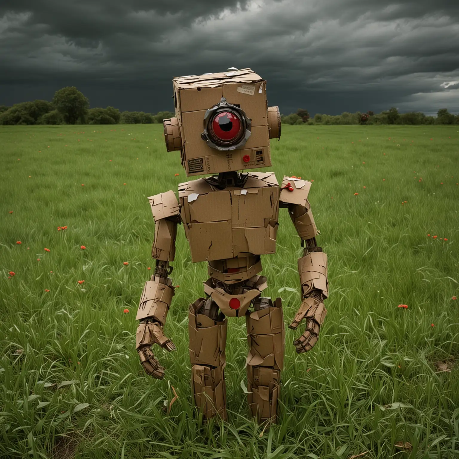 A humanoid figure made of cardboard boxes stands on green grass. He has a large, rusted, and damaged metal head with a singular red camera-like eye. The sky is overcast with dark clouds, and crumpled pieces of paper are scattered on the ground around.