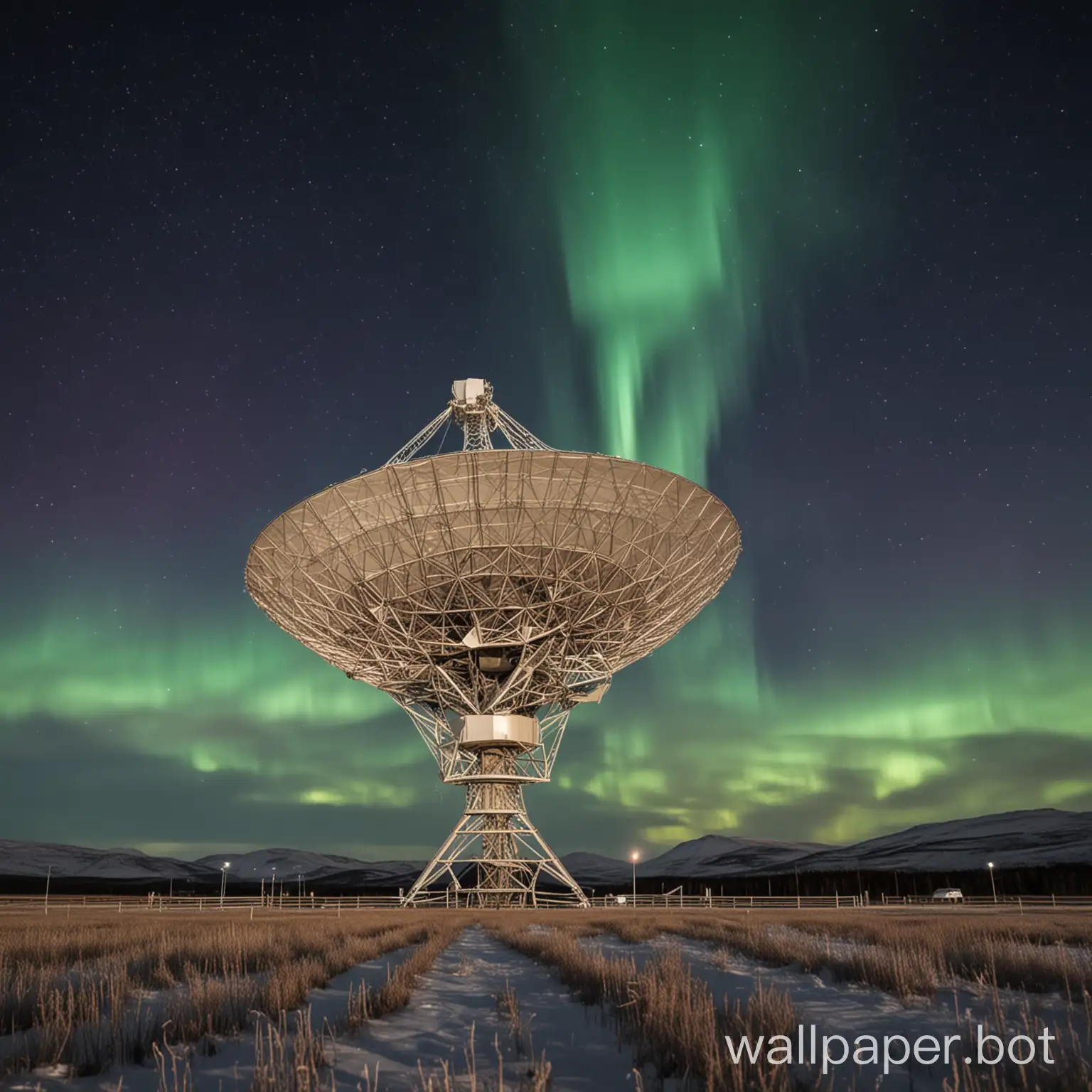 large radio telescope dish stands in a field, pointed towards the sky at night against the backdrop of the northern lights