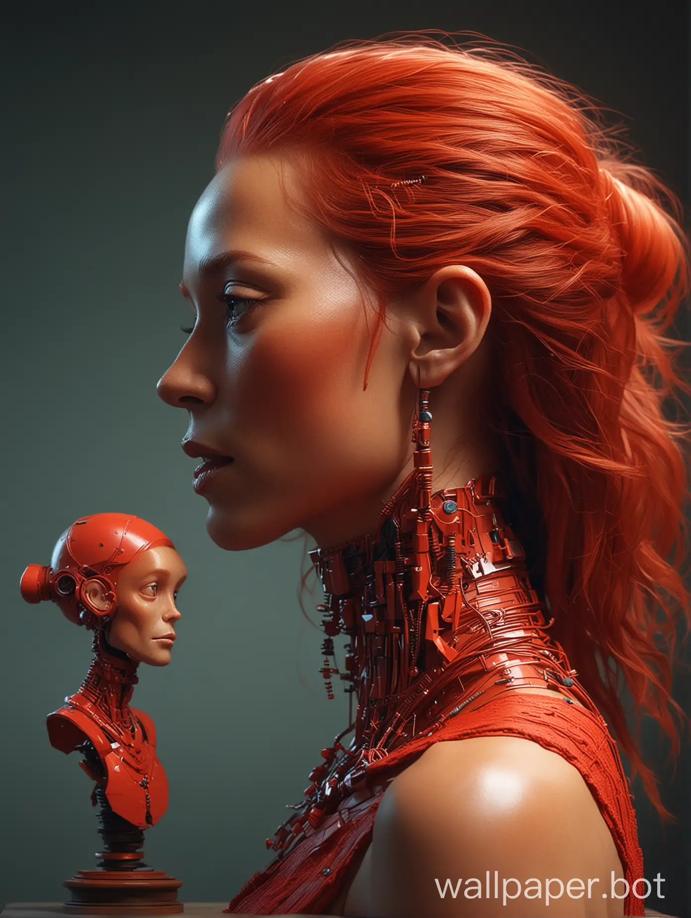 painting of a woman with a red head and a red dress, beeple and jean giraud, humanoid portrait, cinematic bust portrait, portrait of a digital shaman, by Li Tiefu, portrait of a robot shaman, inspired by tomasz alen kopera, 3 d ape shaman profile portrait, beeple. hyperrealism