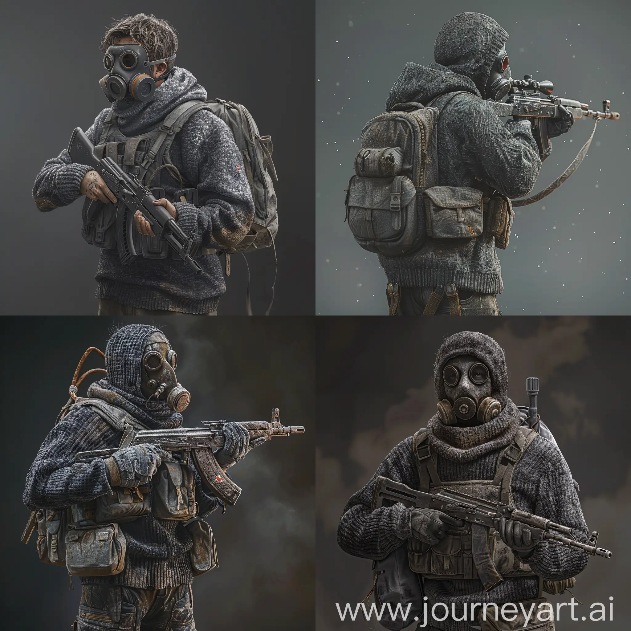 Digital concept art, character design concept, stalker is wearing a Soviet dark gray dirty sweater, military unloading is worn over the sweater, a gasmask on his face, he has a soviet Mosin Nagan rifle in his hands, a small gray backpack on his back.