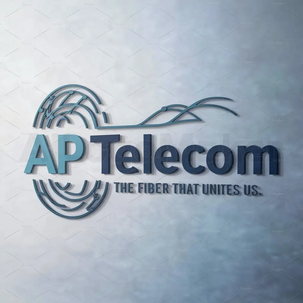 a logo design,with the text "AP TELECOM", main symbol:Color : Azure Sky and Navy Blue; style: with style of fiber network; elements of the logo : optical fiber; slogan: The Fiber that unites us.,Moderate,be used in Internet industry,clear background